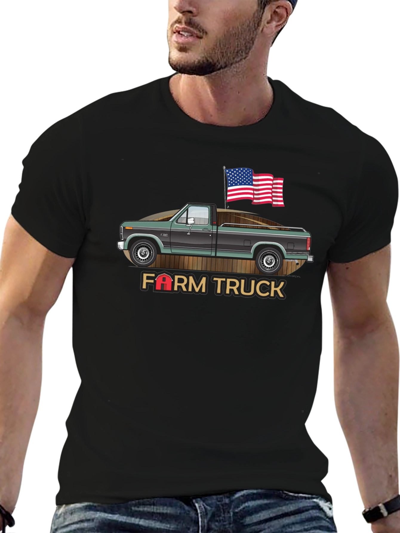 Farm Truck Graphic Tee Patriotic USA American Flag