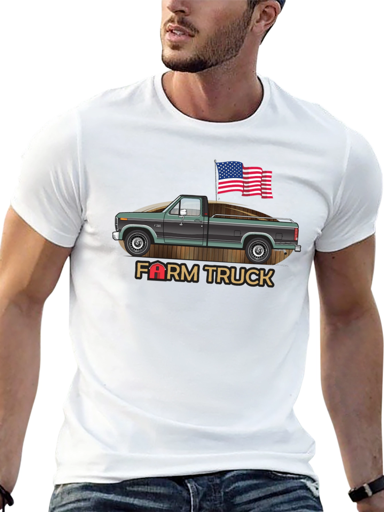Farm Truck Graphic Tee Patriotic USA American Flag