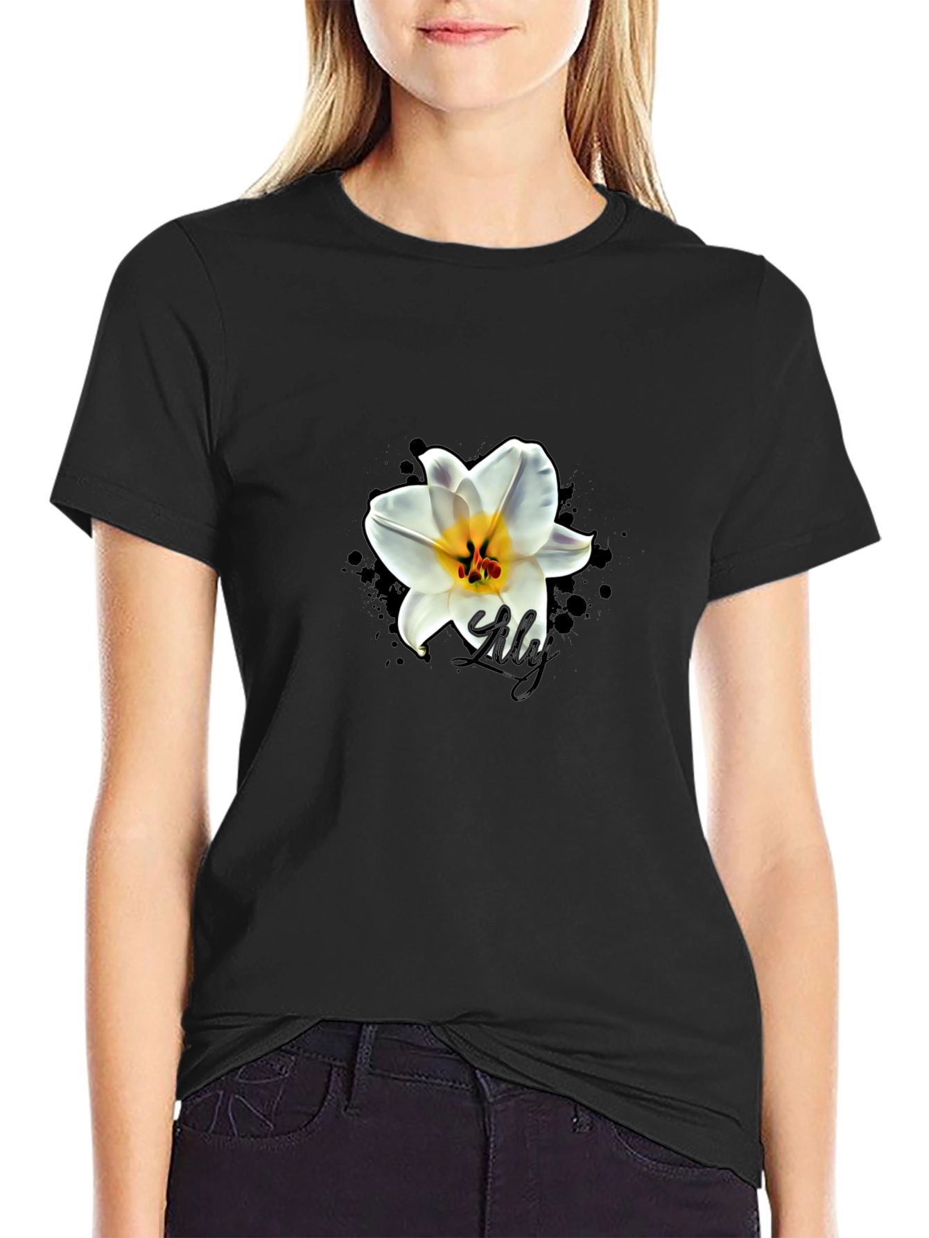 Black T-Shirt with Lily Graphic