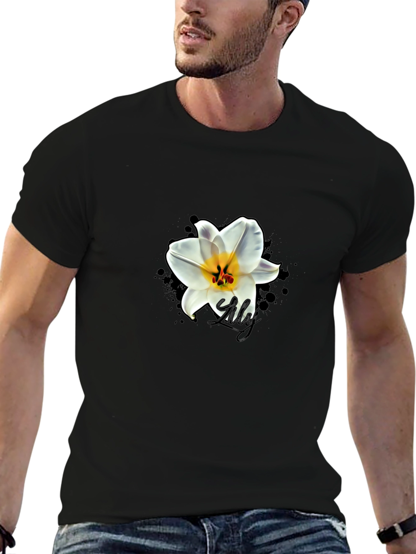 Black T-Shirt with Lily Graphic