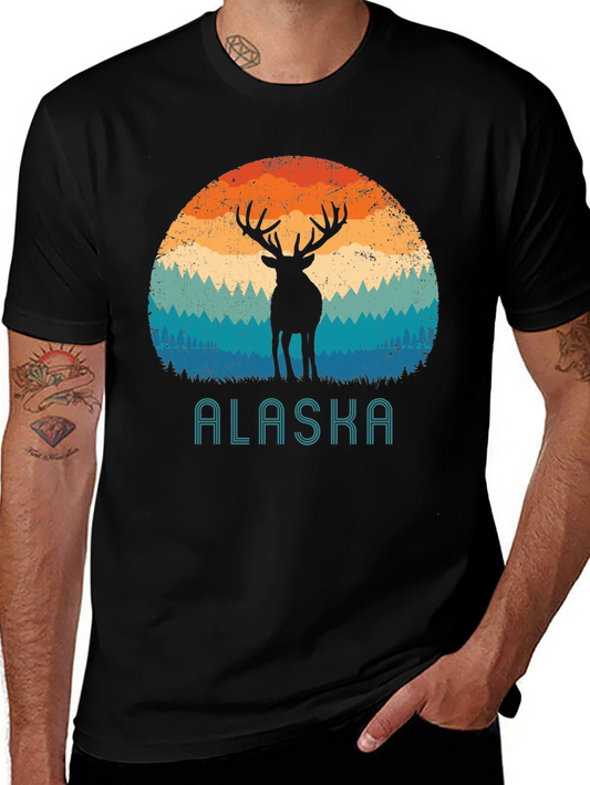 Alaska Deer Graphic T-Shirt - Vintage Sunset Design