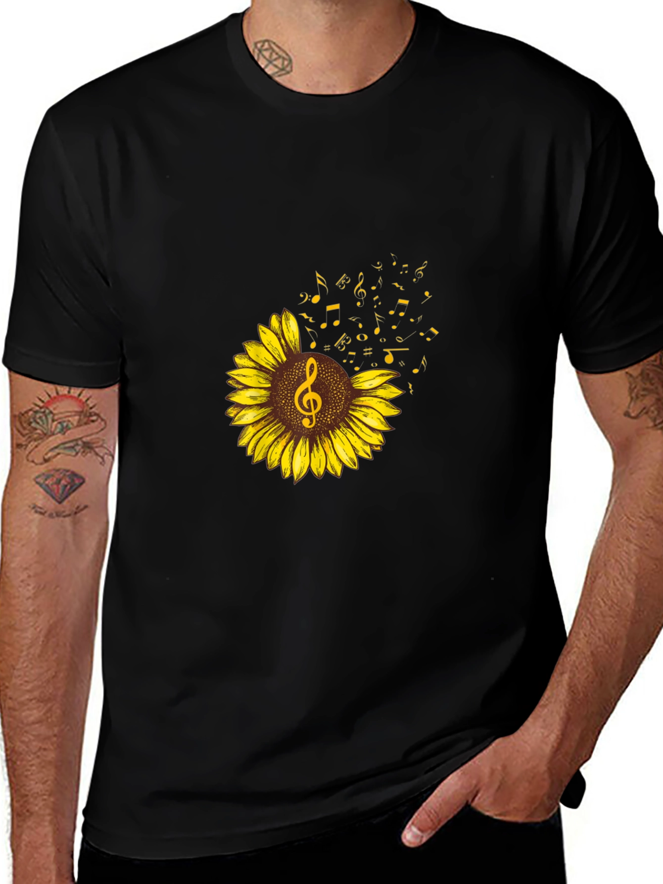Sunflower Music Note Graphic Tee - Black Cotton Shirt