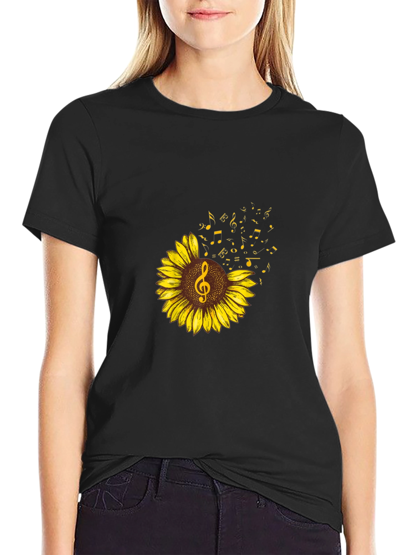 Sunflower Music Note Graphic Tee - Black Cotton Shirt