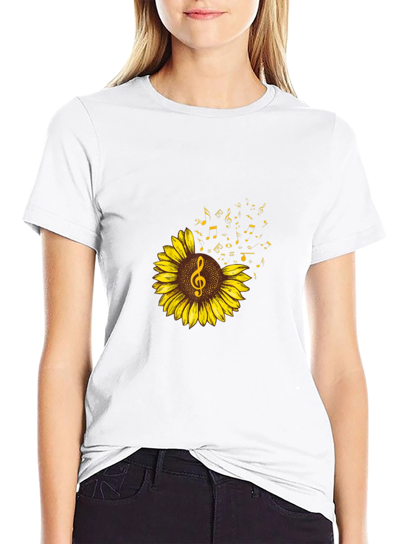 Sunflower Music Note Graphic Tee - Black Cotton Shirt