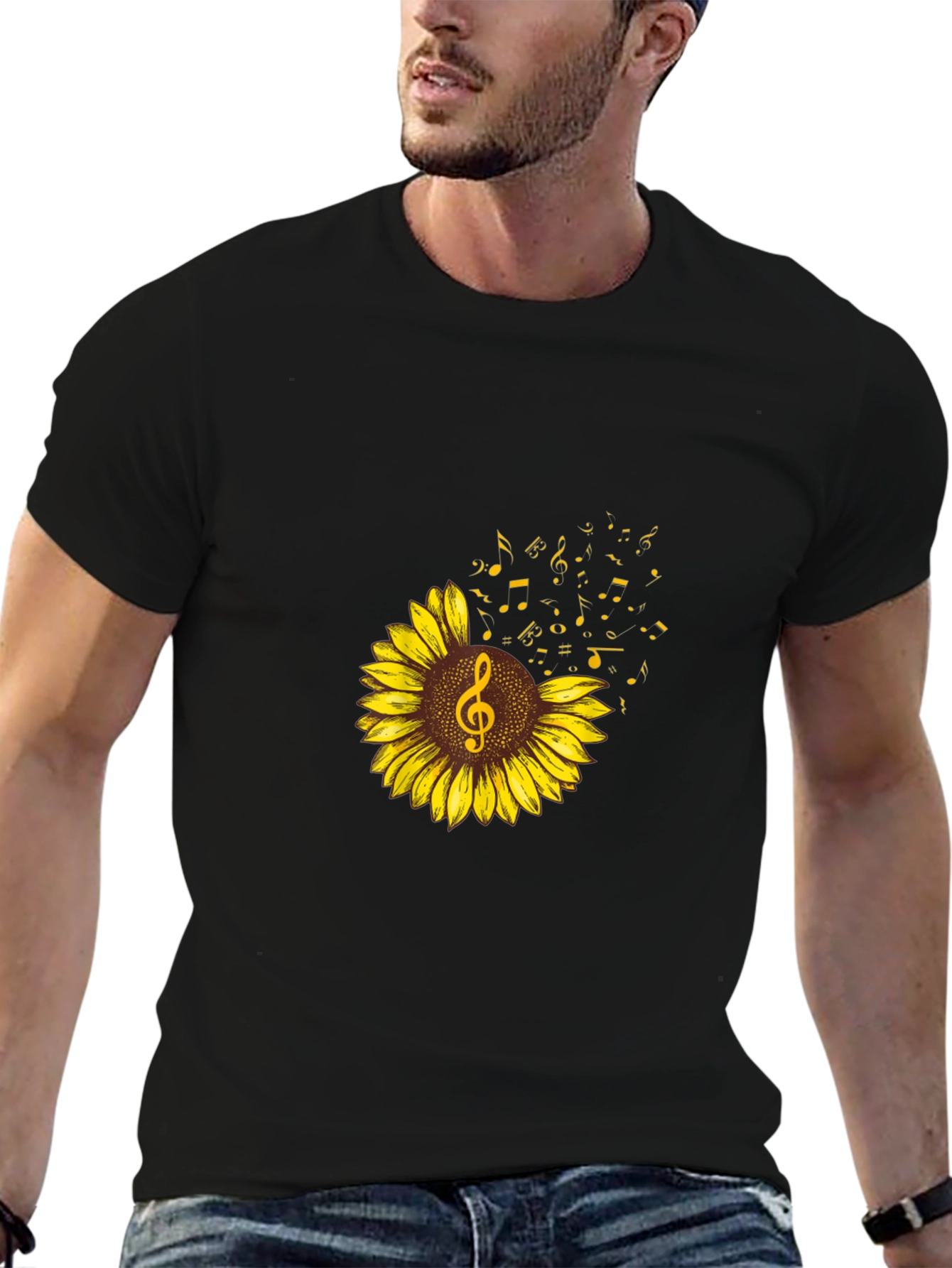 Sunflower Music Note Graphic Tee - Black Cotton Shirt