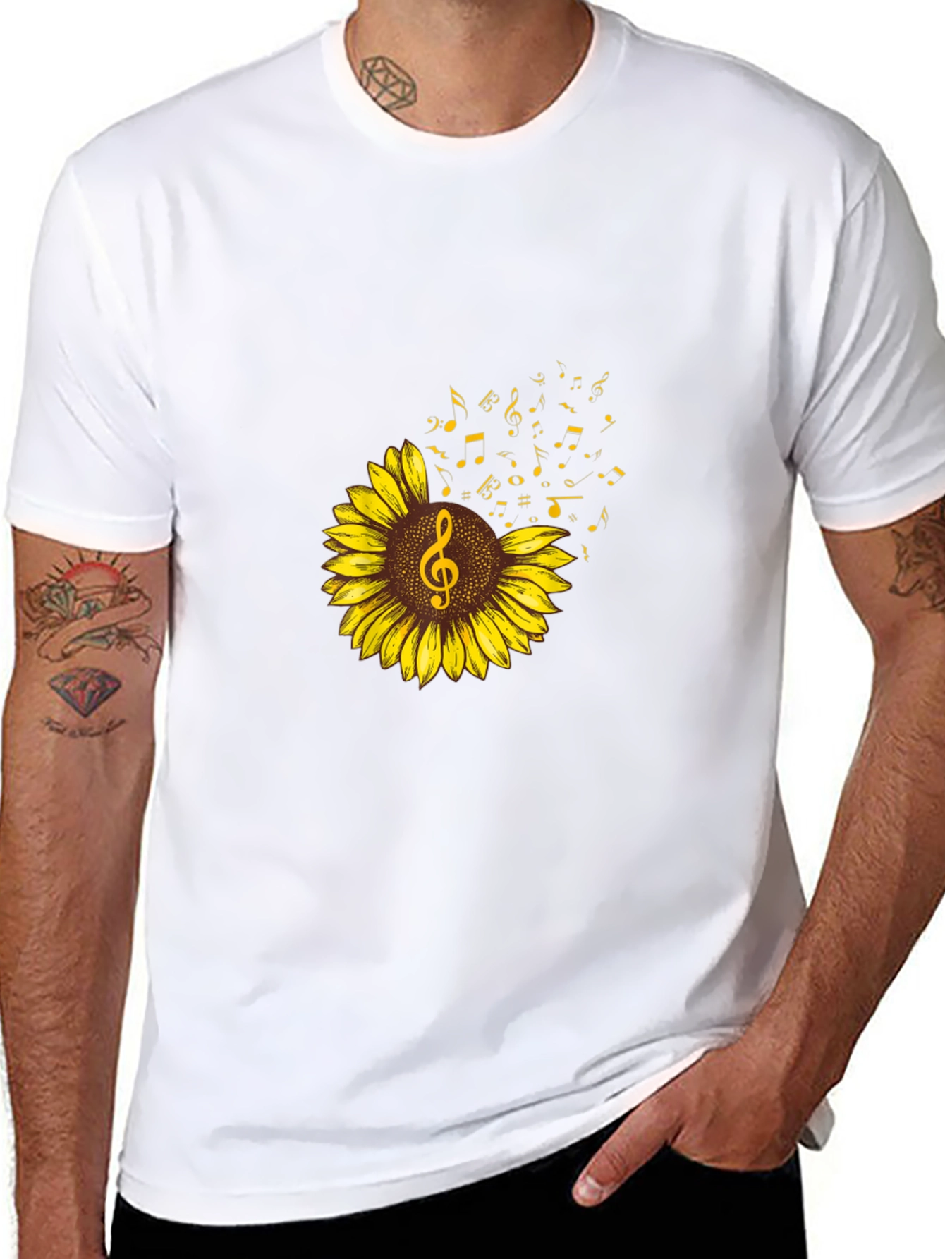 Sunflower Music Note Graphic Tee - Black Cotton Shirt