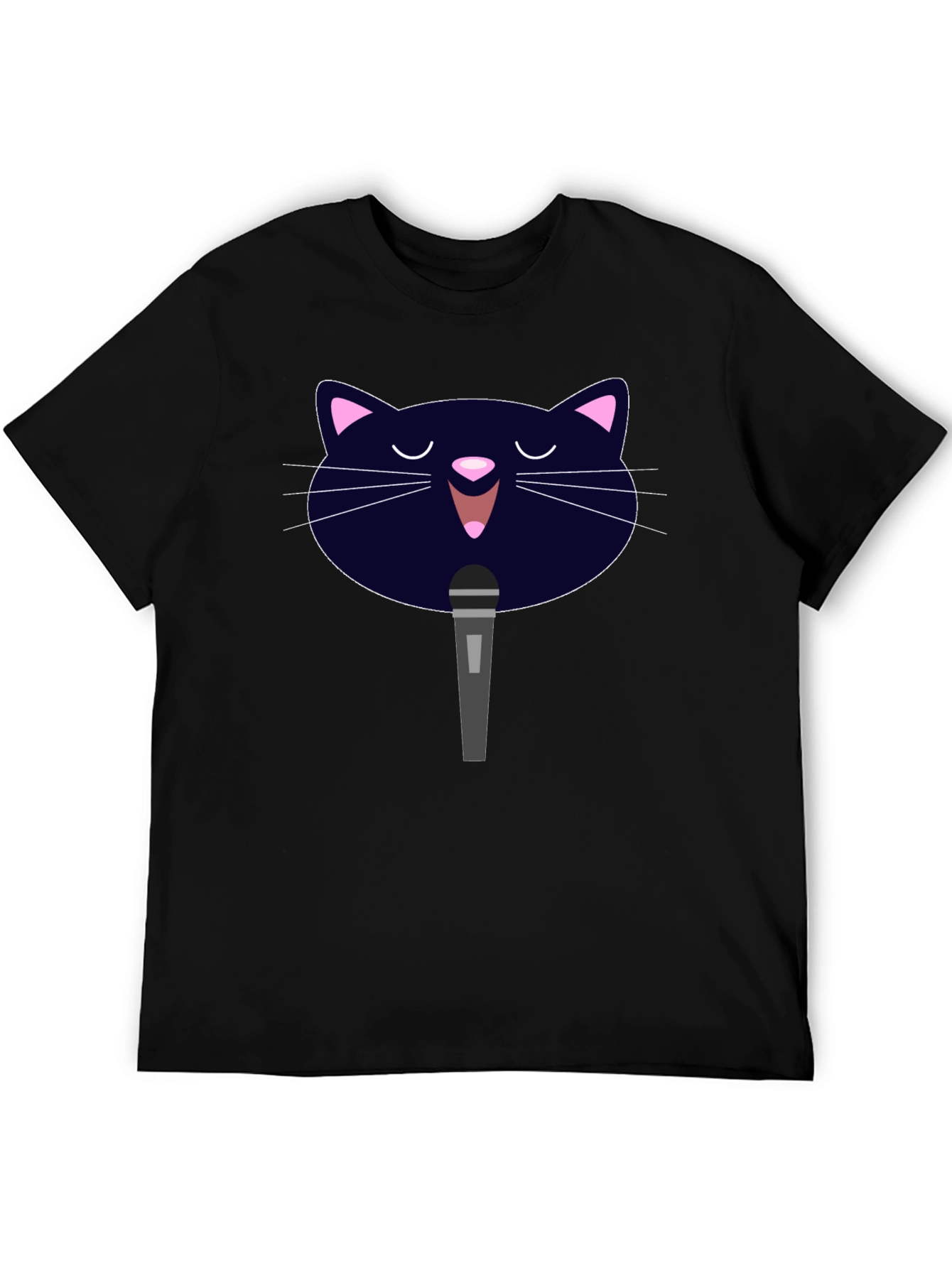 Karaoke Cat Graphic Tee - Black Cotton T-Shirt
