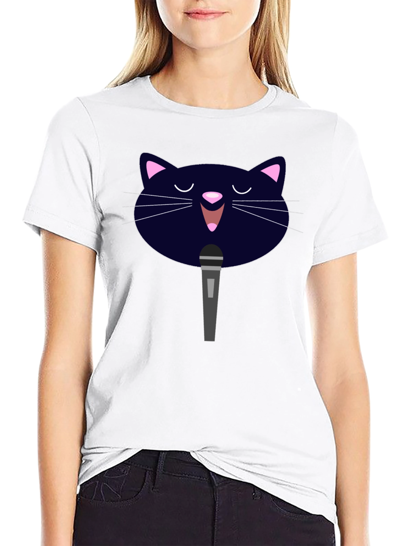 Karaoke Cat Graphic Tee - Black Cotton T-Shirt