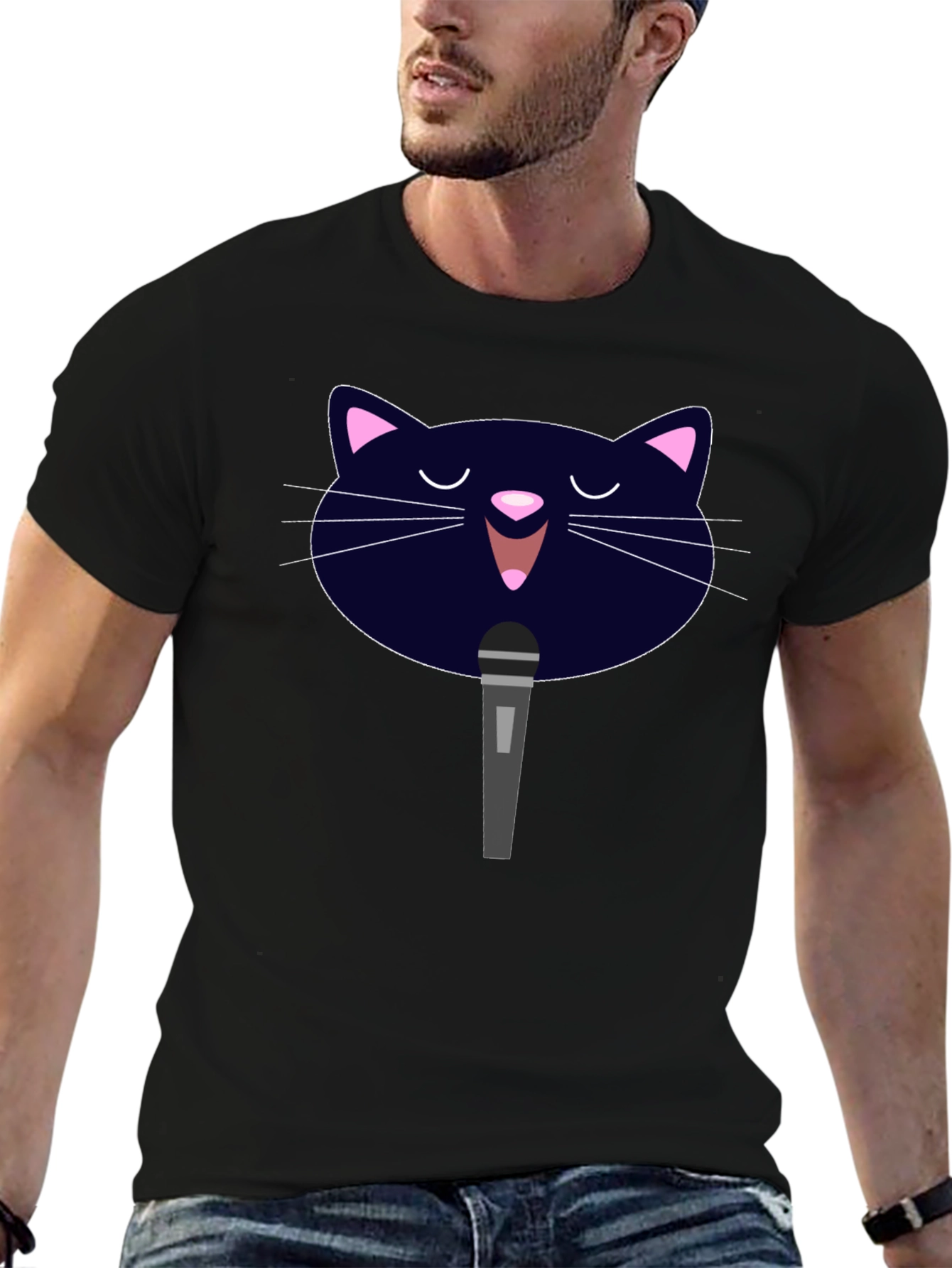 Karaoke Cat Graphic Tee - Black Cotton T-Shirt
