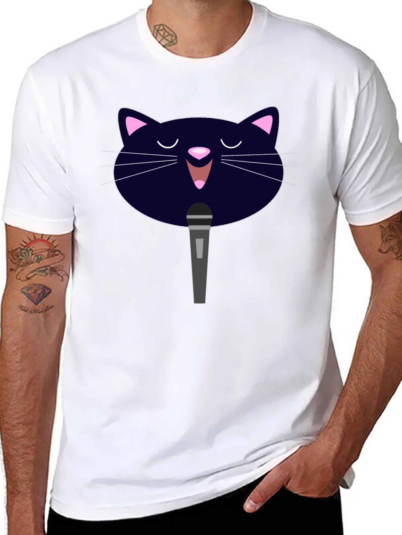 Karaoke Cat Graphic Tee - Black Cotton T-Shirt