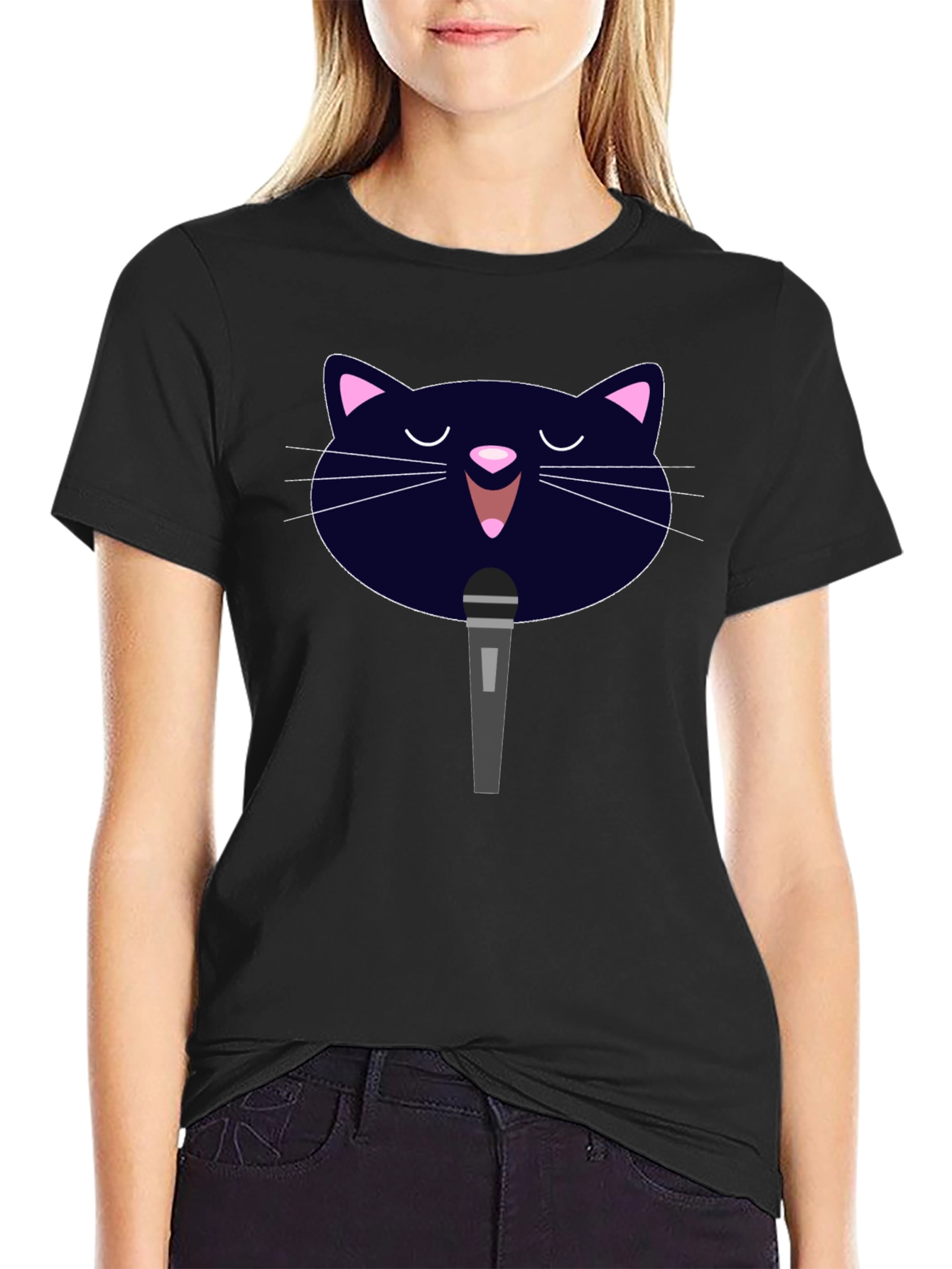 Karaoke Cat Graphic Tee - Black Cotton T-Shirt
