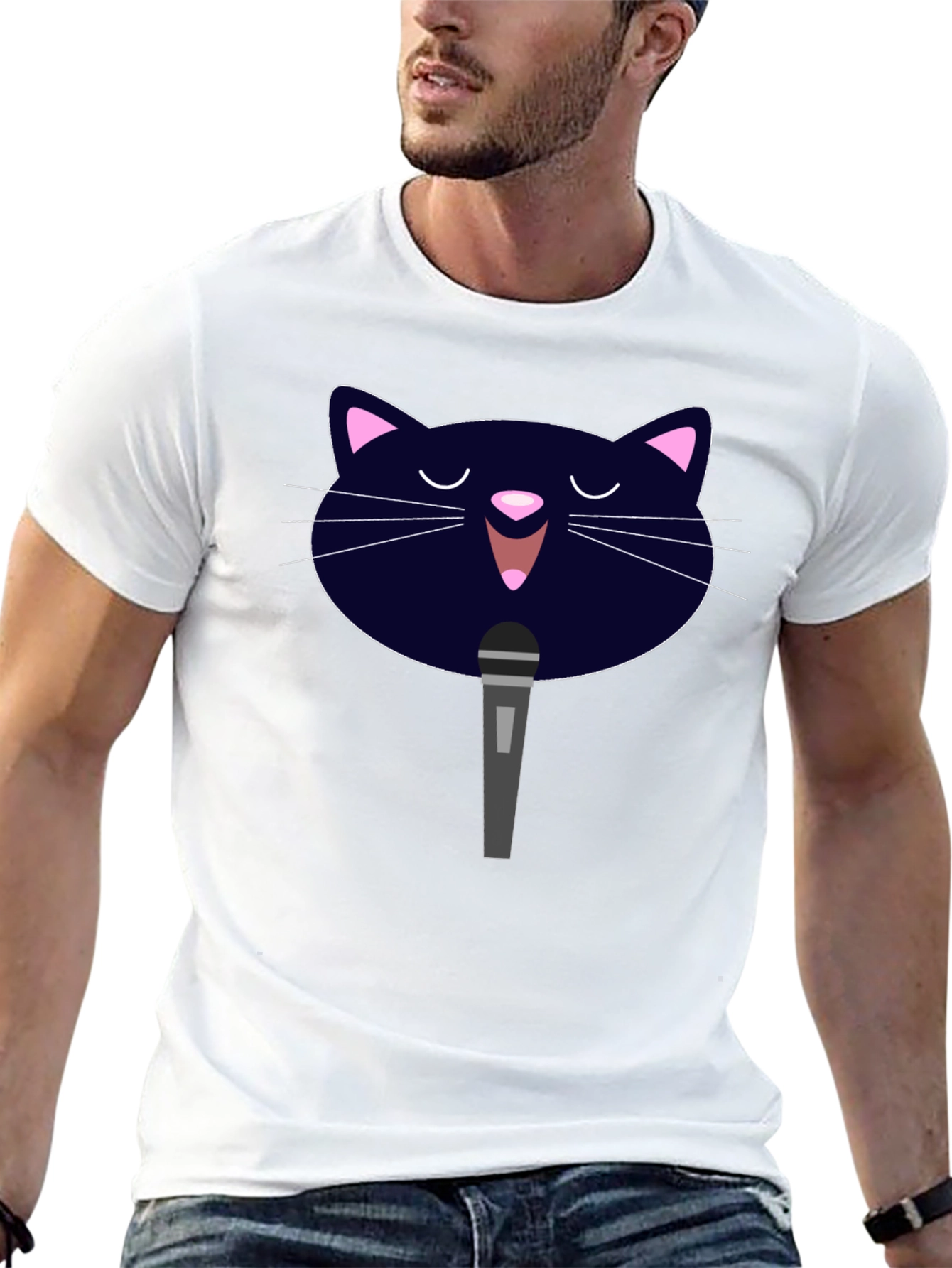Karaoke Cat Graphic Tee - Black Cotton T-Shirt