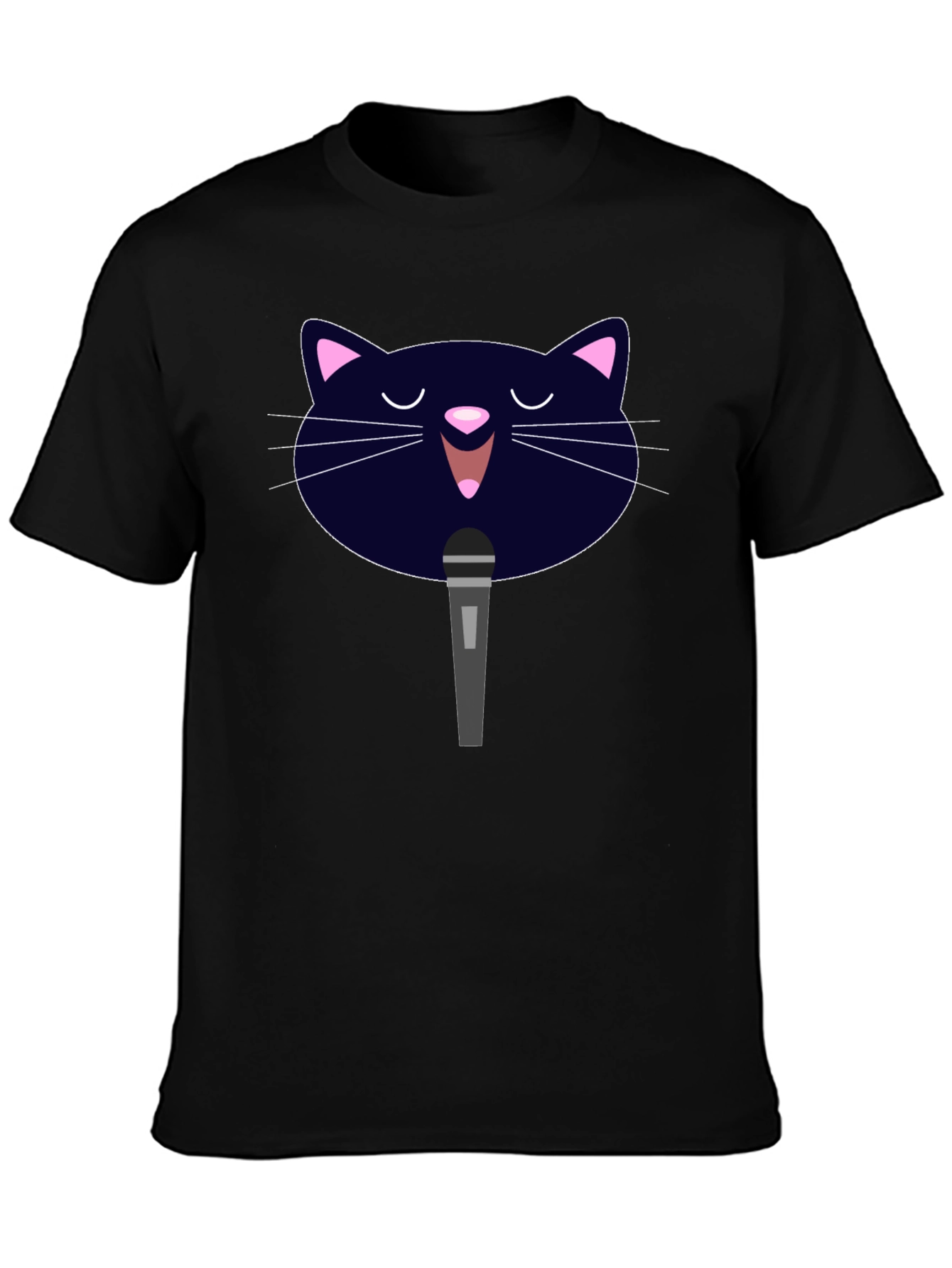 Karaoke Cat Graphic Tee - Black Cotton T-Shirt