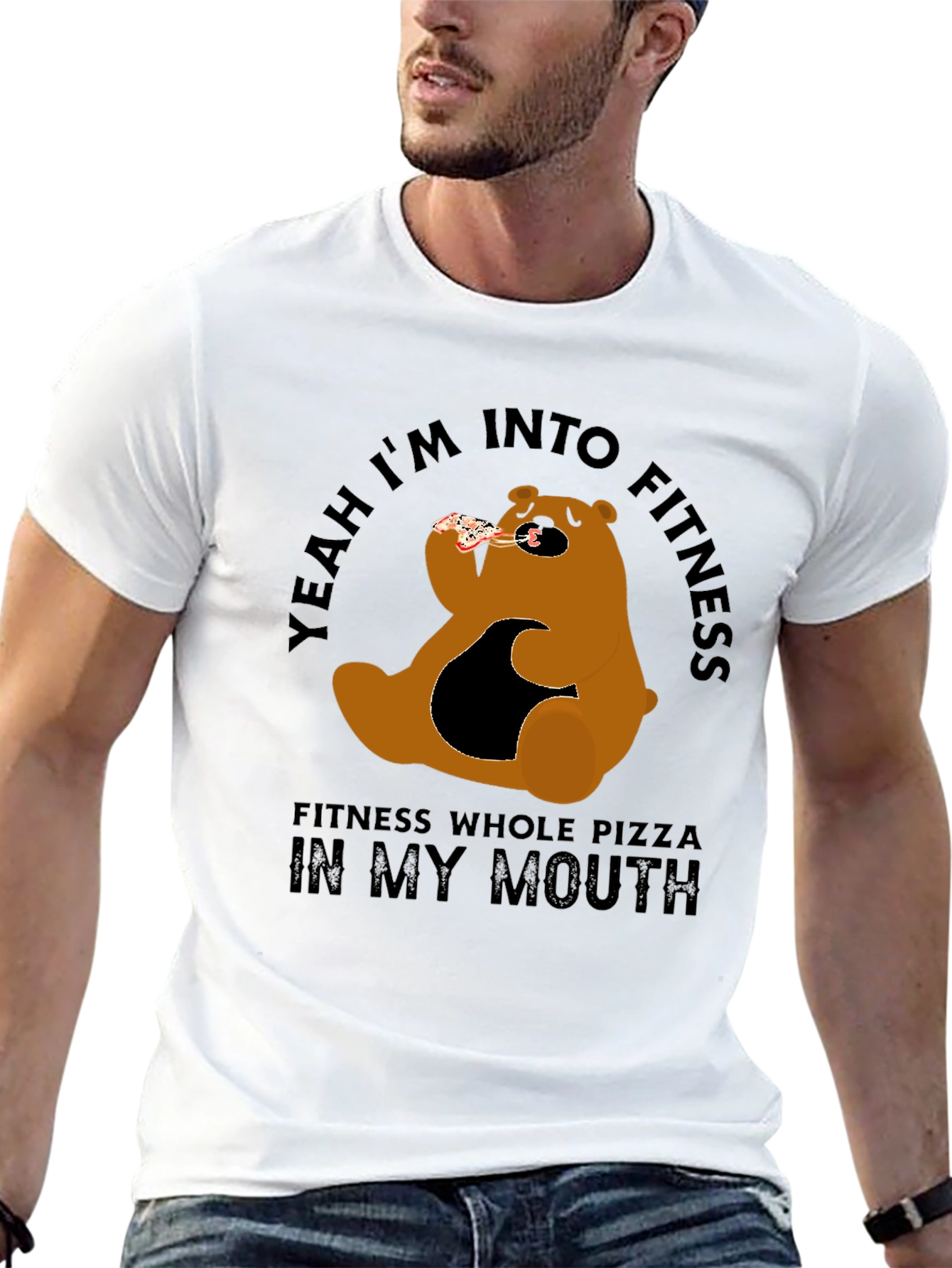 Funny Pizza Bear Fitness T-Shirt - Casual Graphic Tee