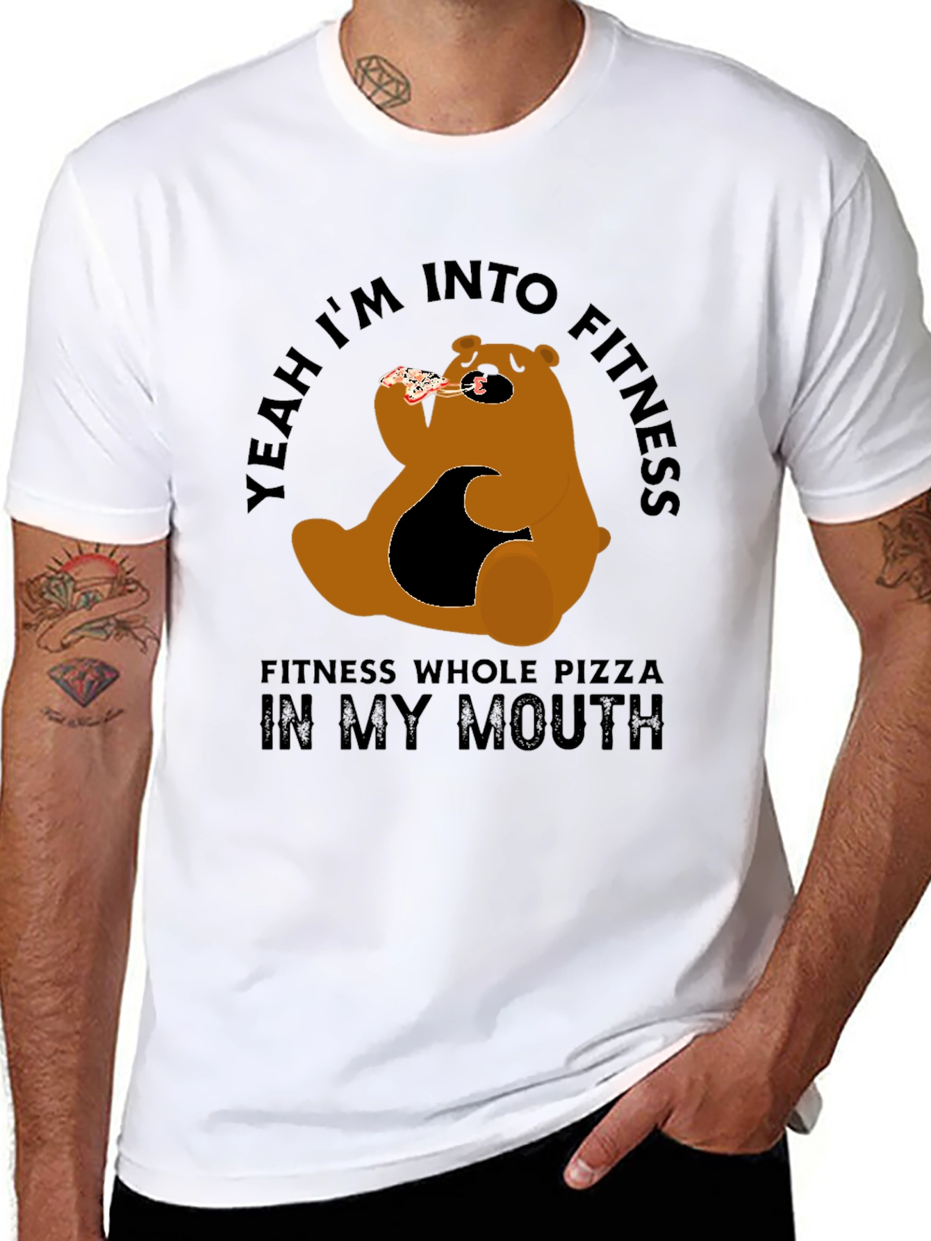 Funny Pizza Bear Fitness T-Shirt - Casual Graphic Tee