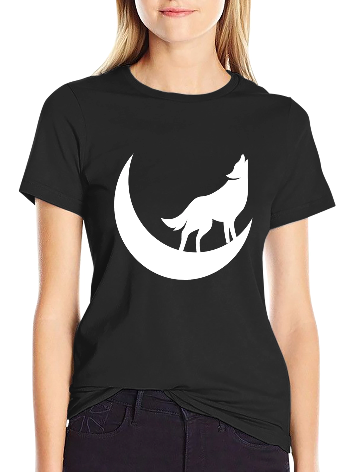 Wolf Howling at Moon Graphic T-Shirt - Black