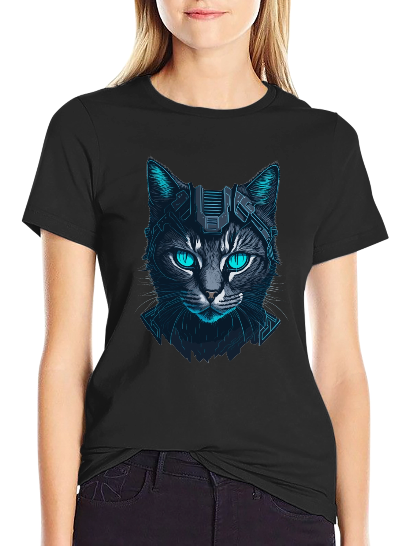 Cyberpunk Cat Graphic Tee - Futuristic Feline Design