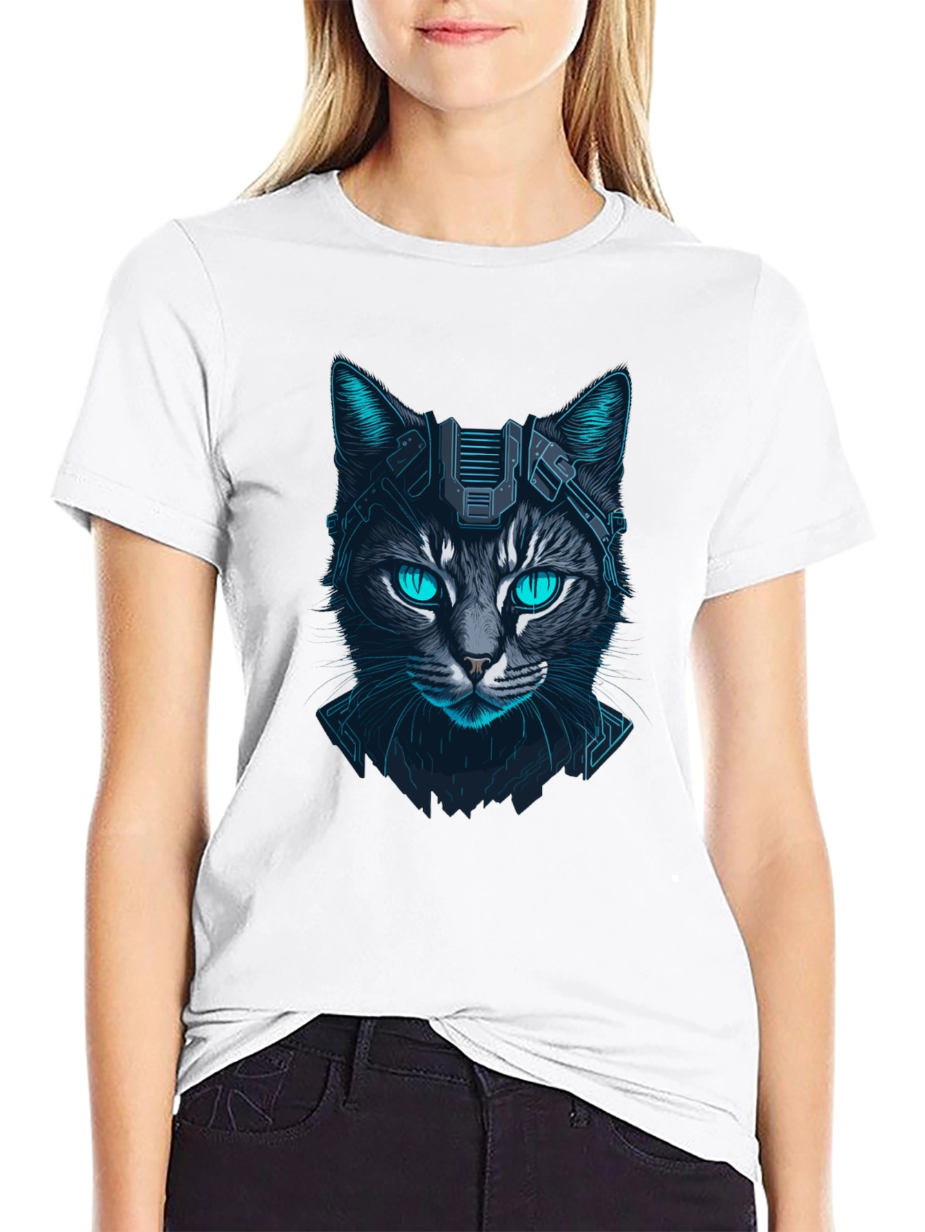 Cyberpunk Cat Graphic Tee - Futuristic Feline Design