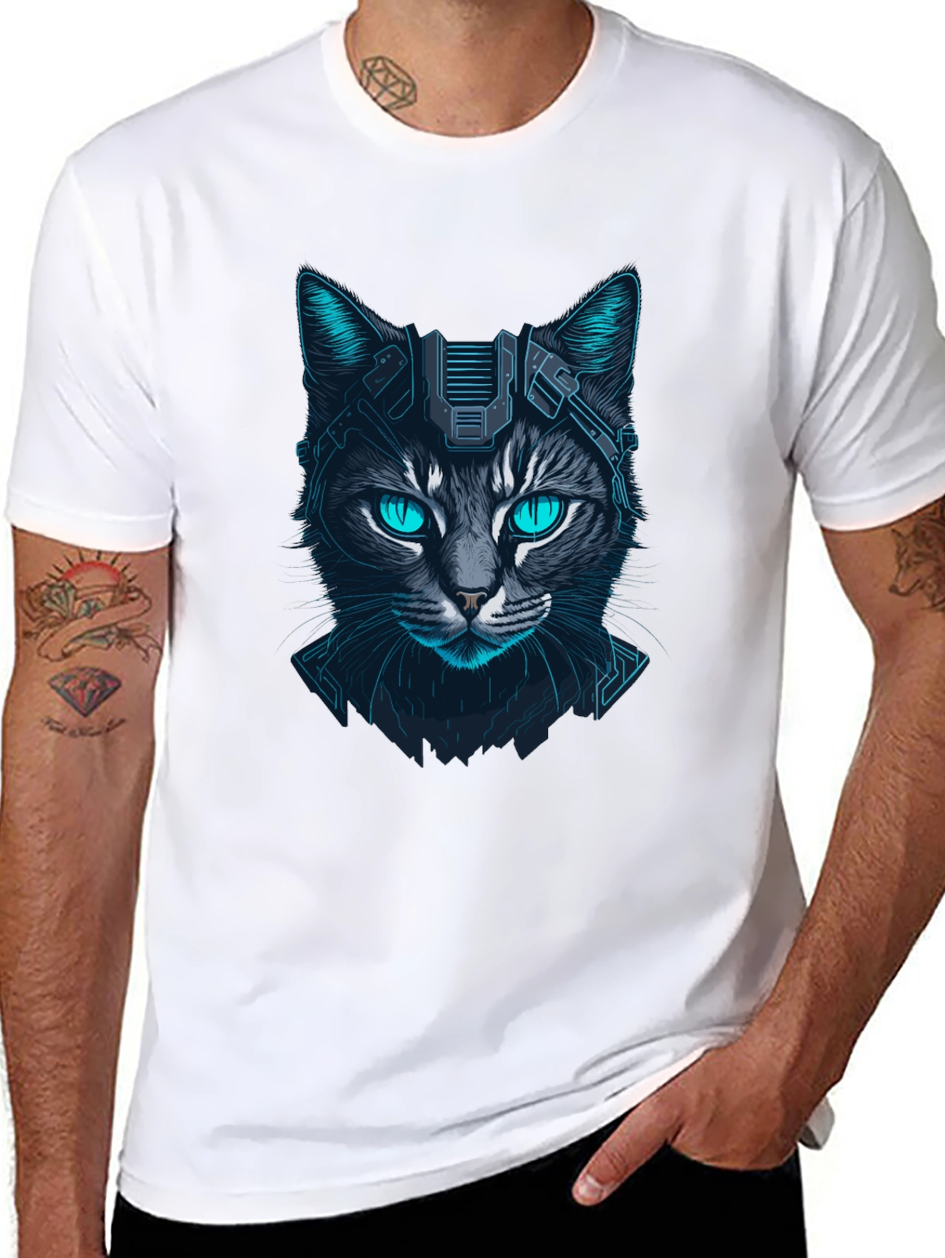Cyberpunk Cat Graphic Tee - Futuristic Feline Design