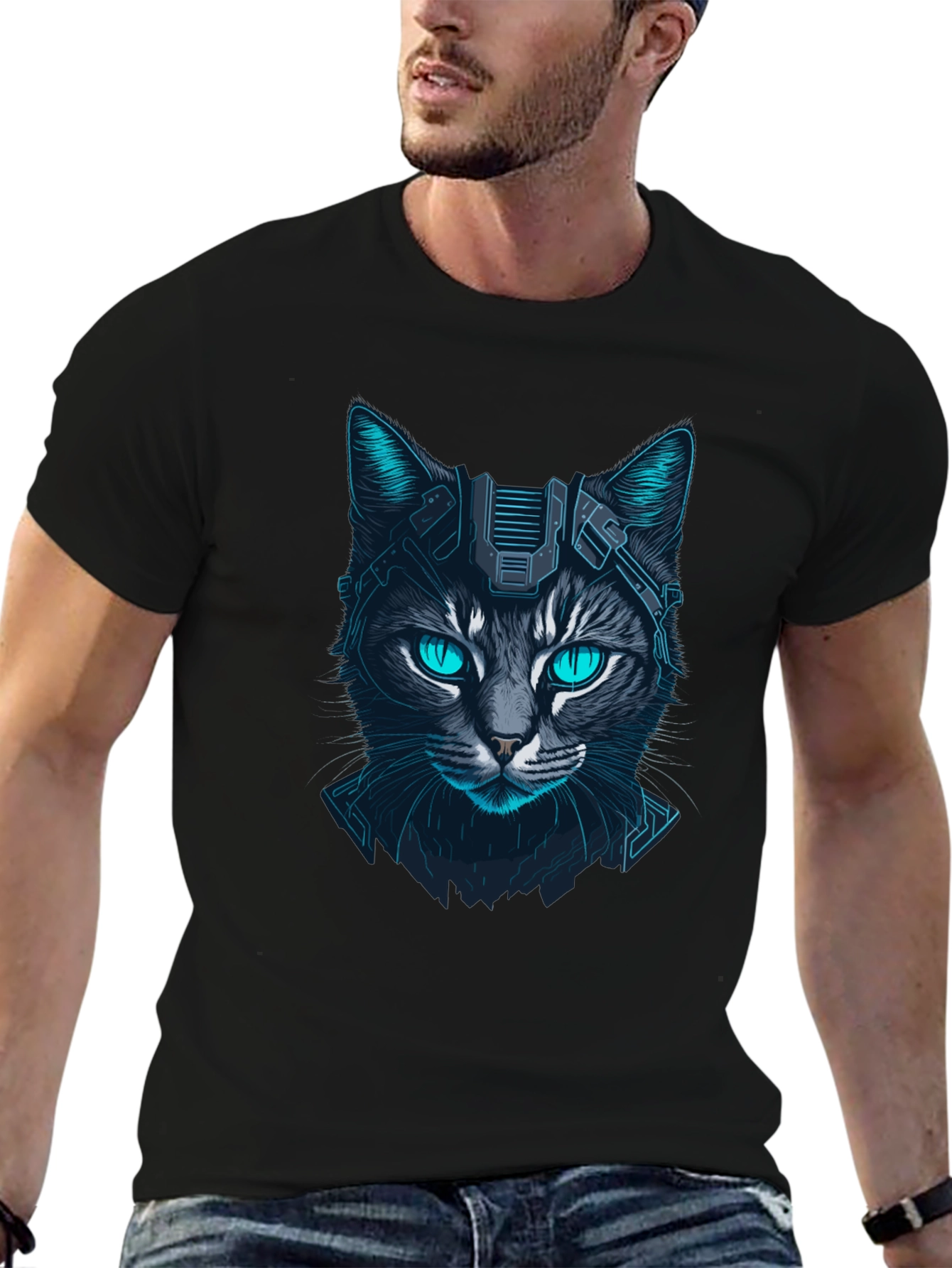 Cyberpunk Cat Graphic Tee - Futuristic Feline Design