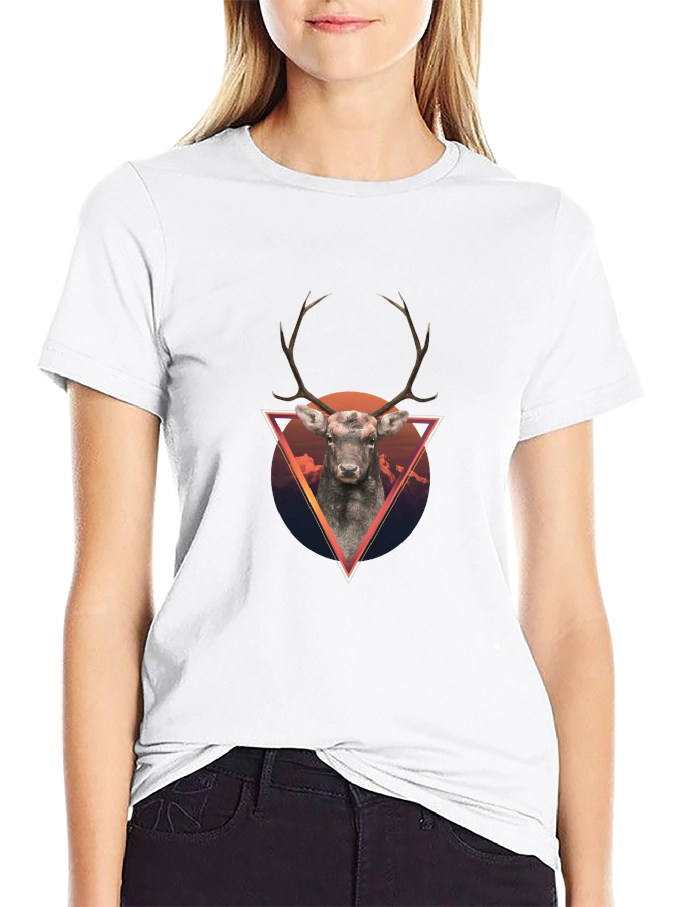 Geometric Deer Graphic Tee - Black