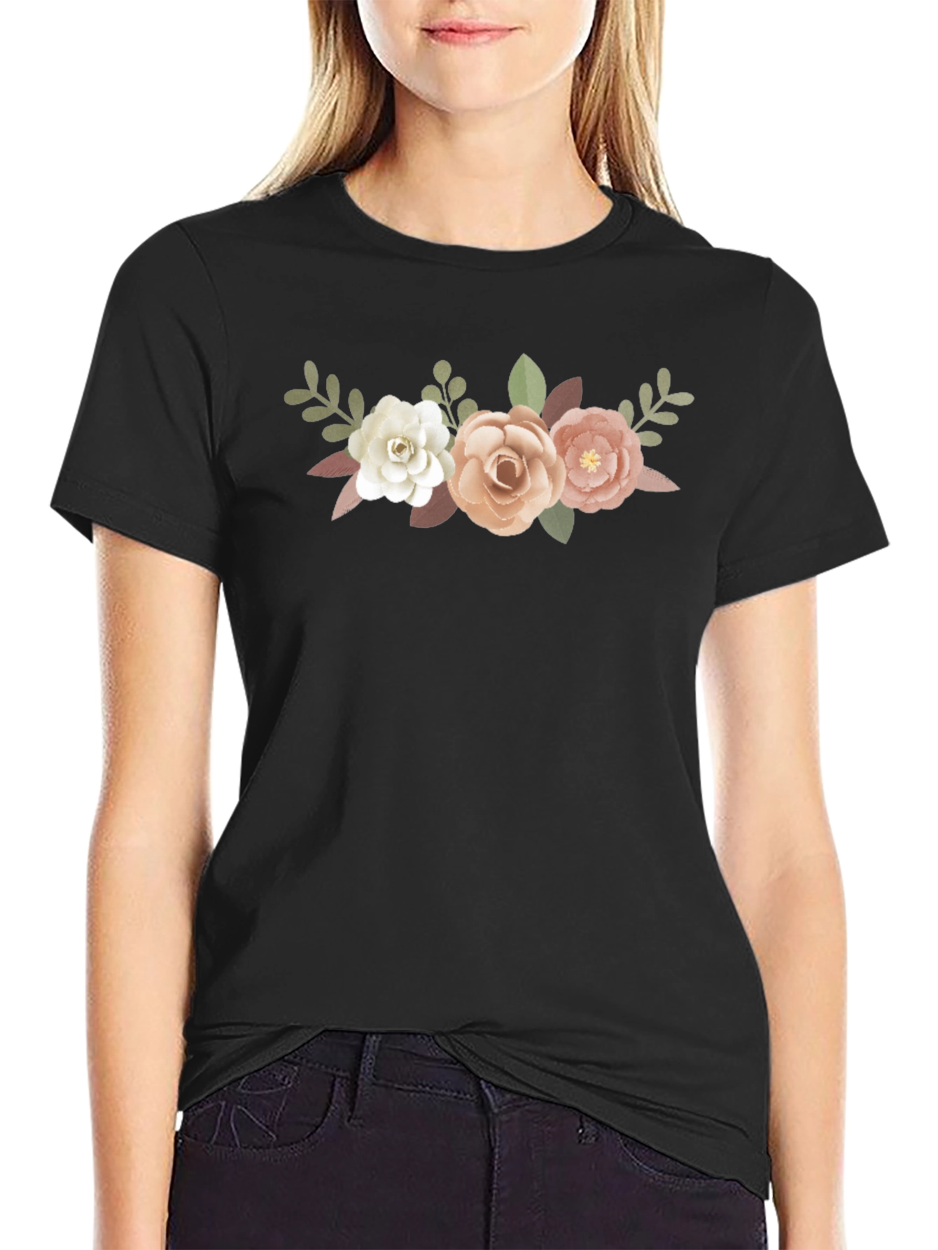 Floral Bouquet Graphic Tee - Black Cotton T-Shirt