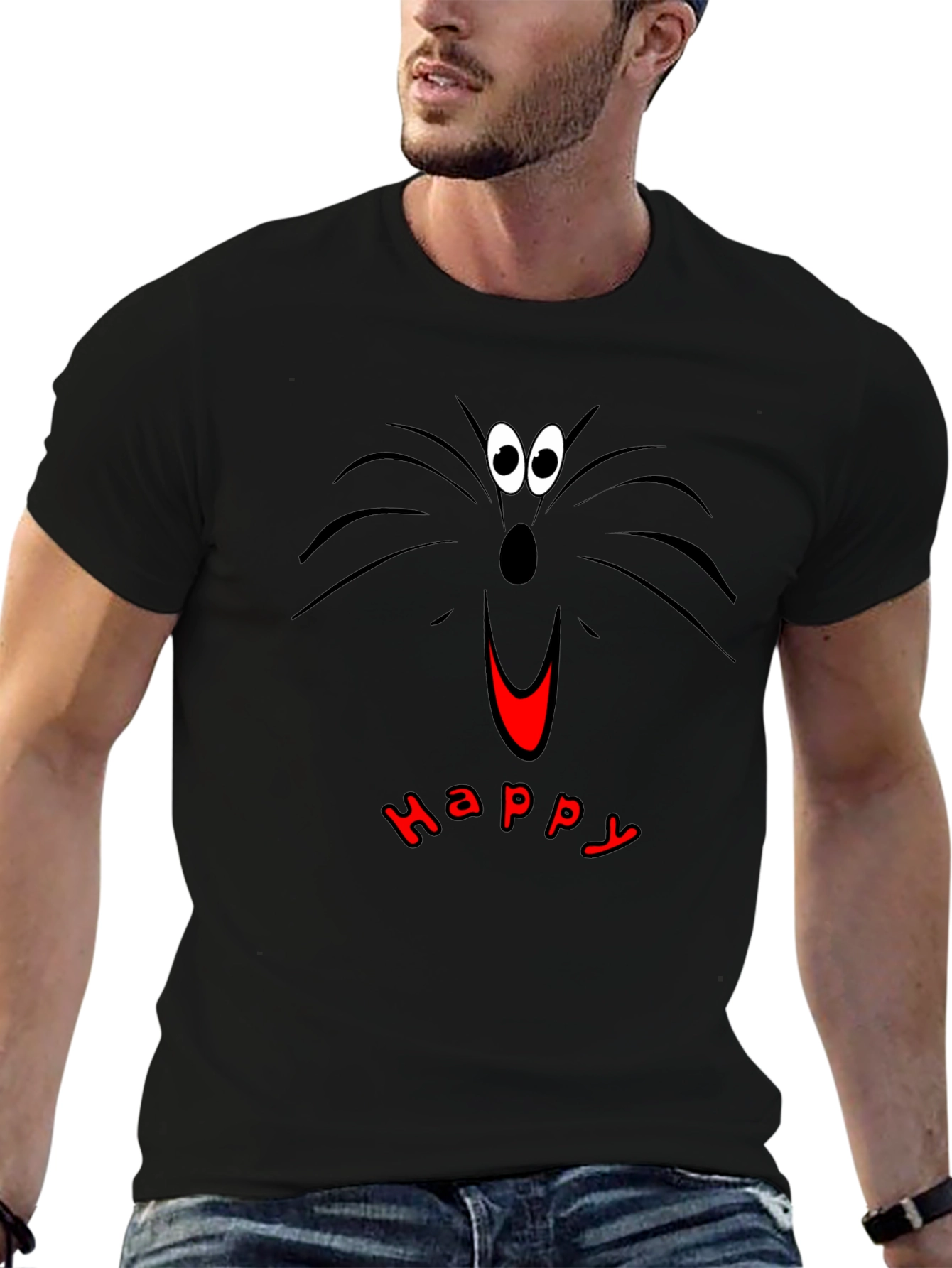 Happy Cat Face T-Shirt - Black