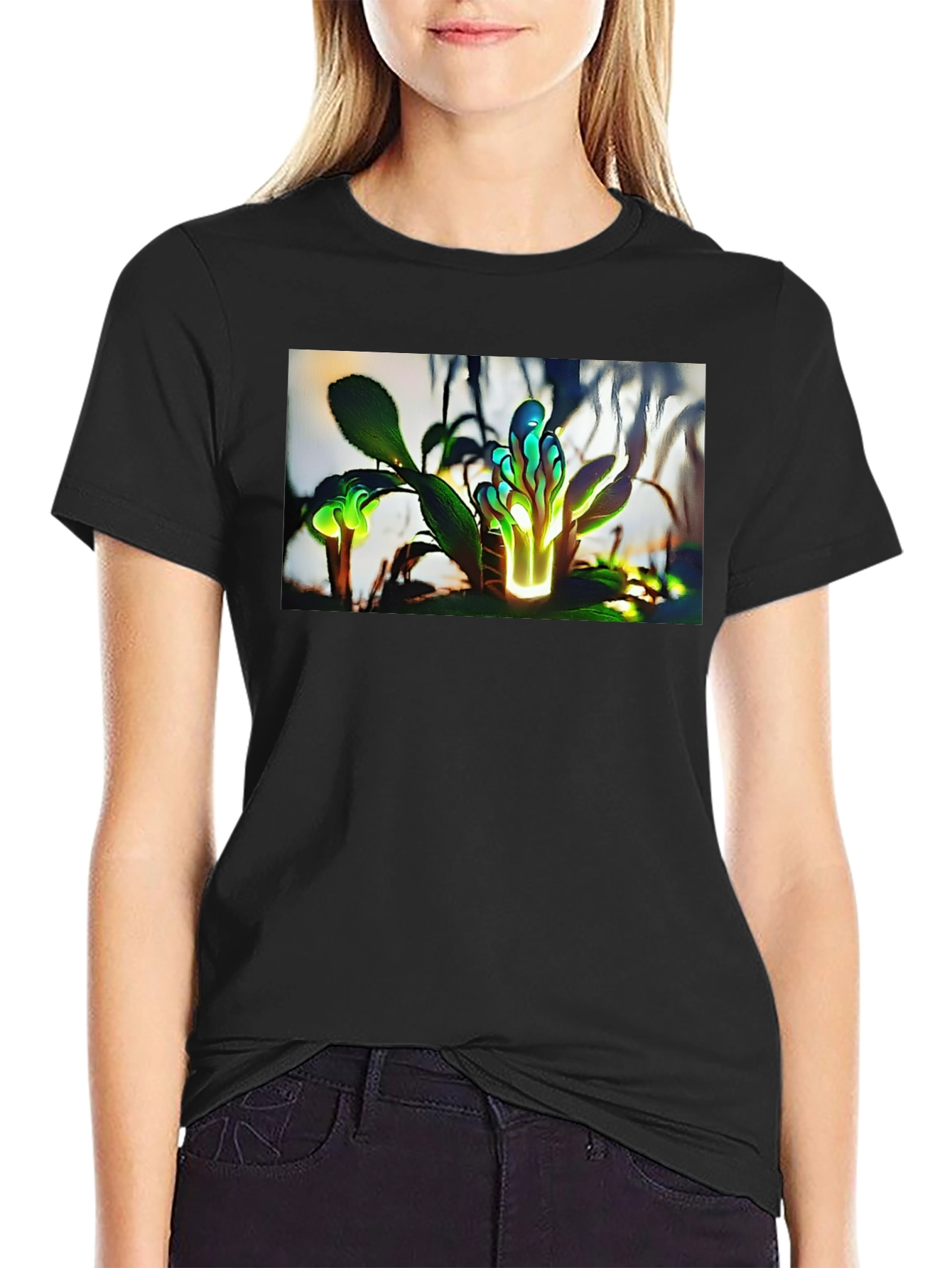 Glowing Flora Graphic Tee - Black Cotton