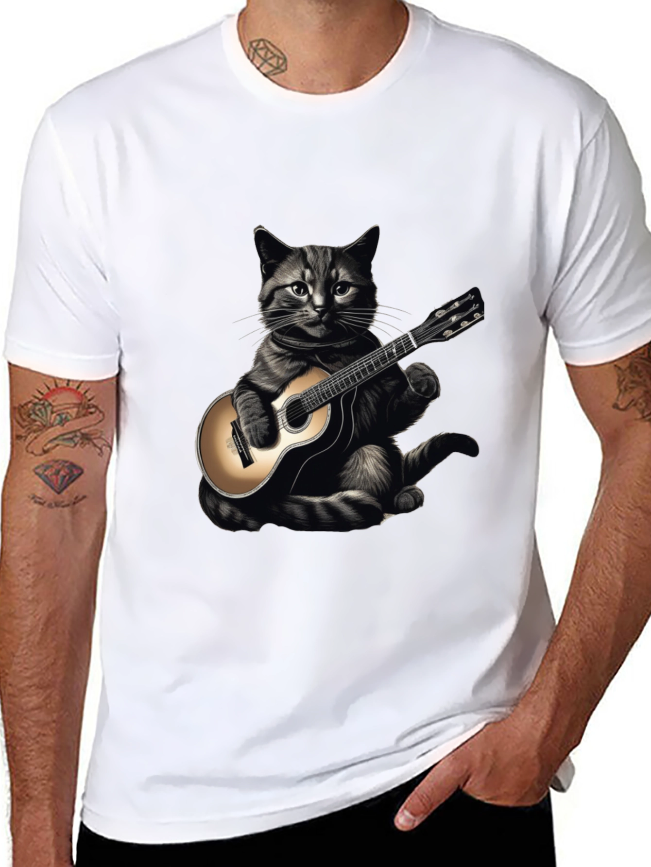 Cool Cat Guitar Player Graphic T-Shirt