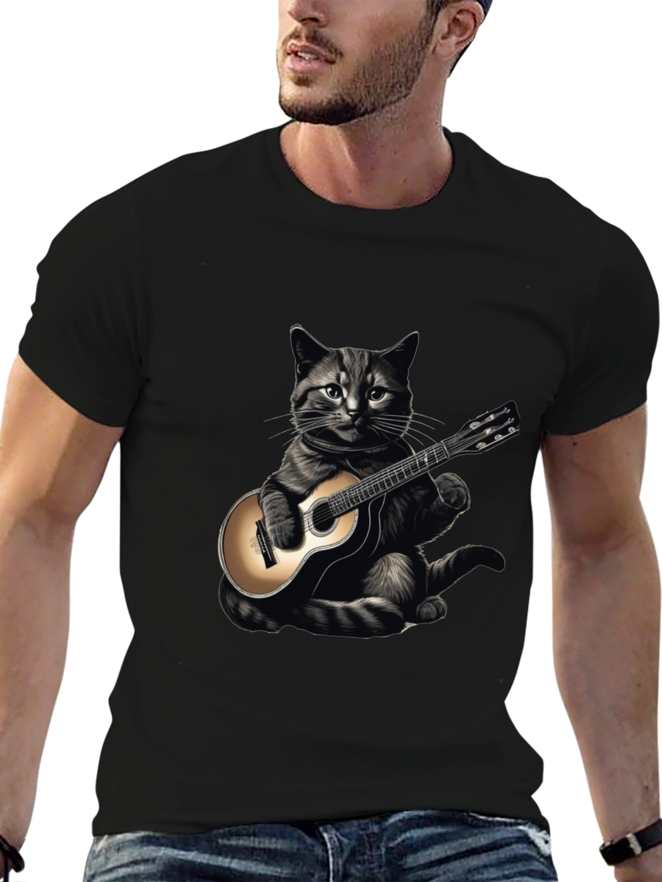 Cool Cat Guitar Player Graphic T-Shirt