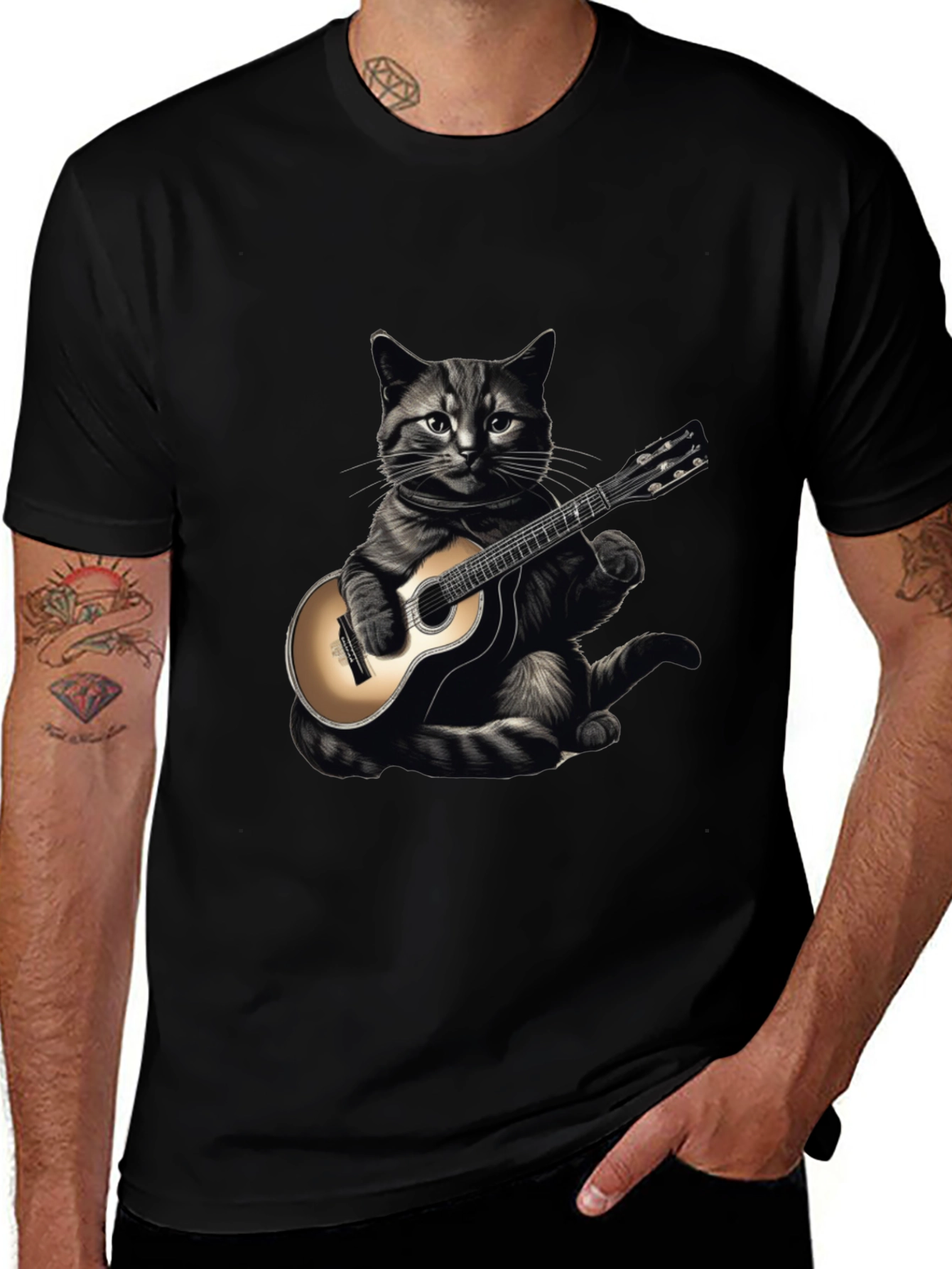 Cool Cat Guitar Player Graphic T-Shirt