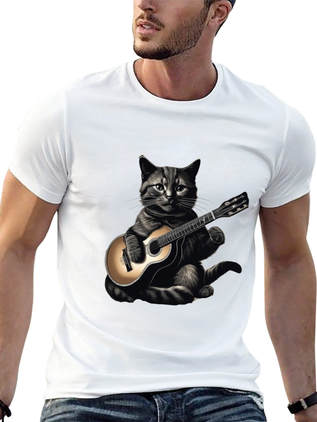 Cool Cat Guitar Player Graphic T-Shirt
