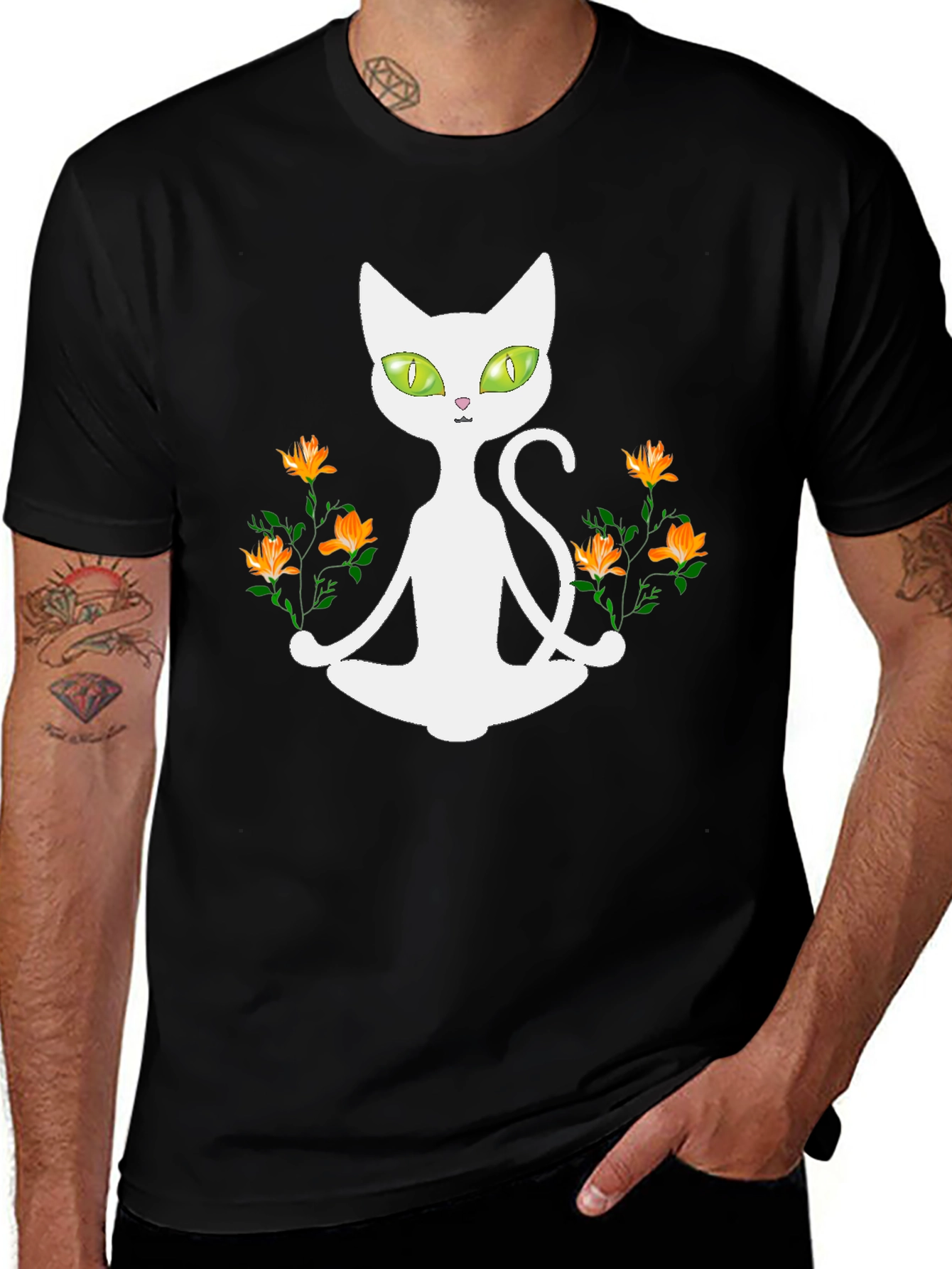Yoga Cat T-Shirt - Meditating Feline with Flowers