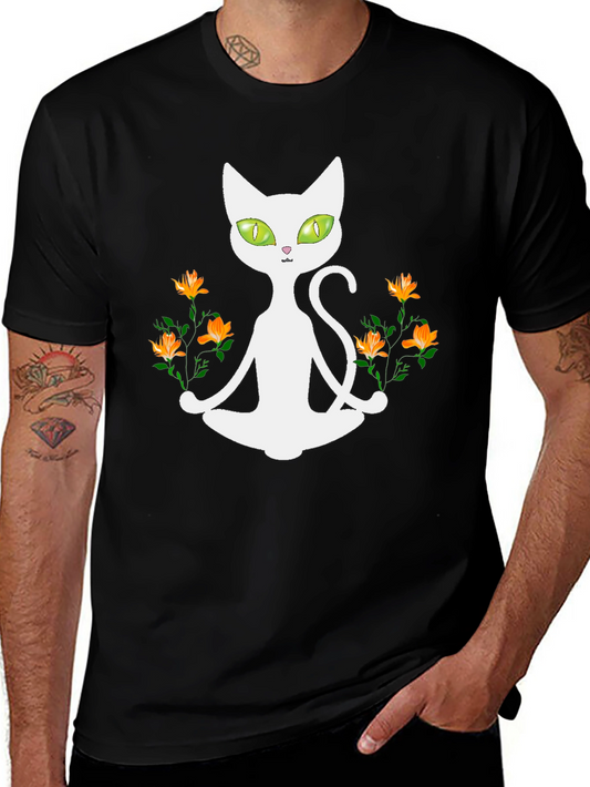 Yoga Cat T-Shirt - Meditating Feline with Flowers