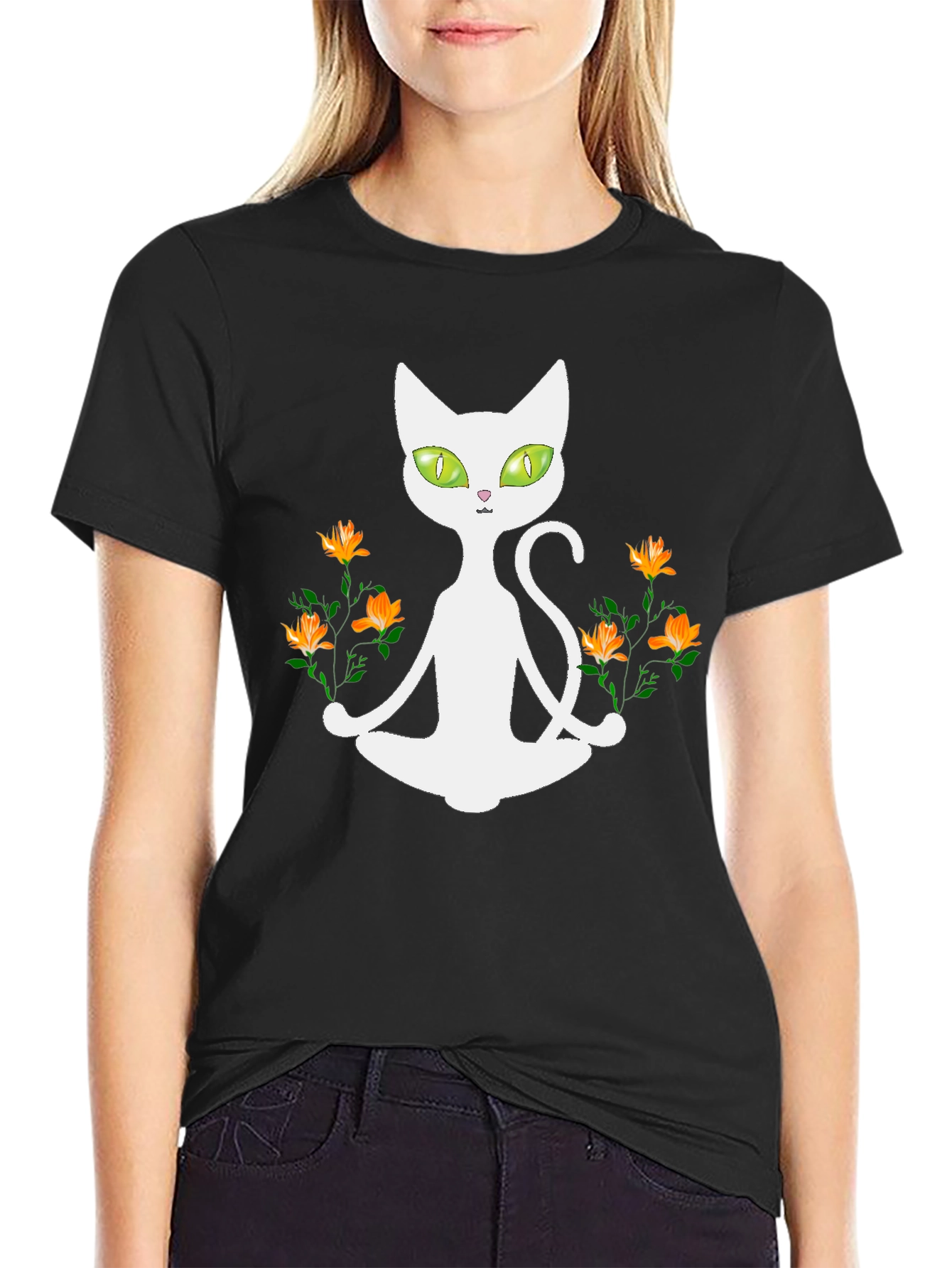 Yoga Cat T-Shirt - Meditating Feline with Flowers