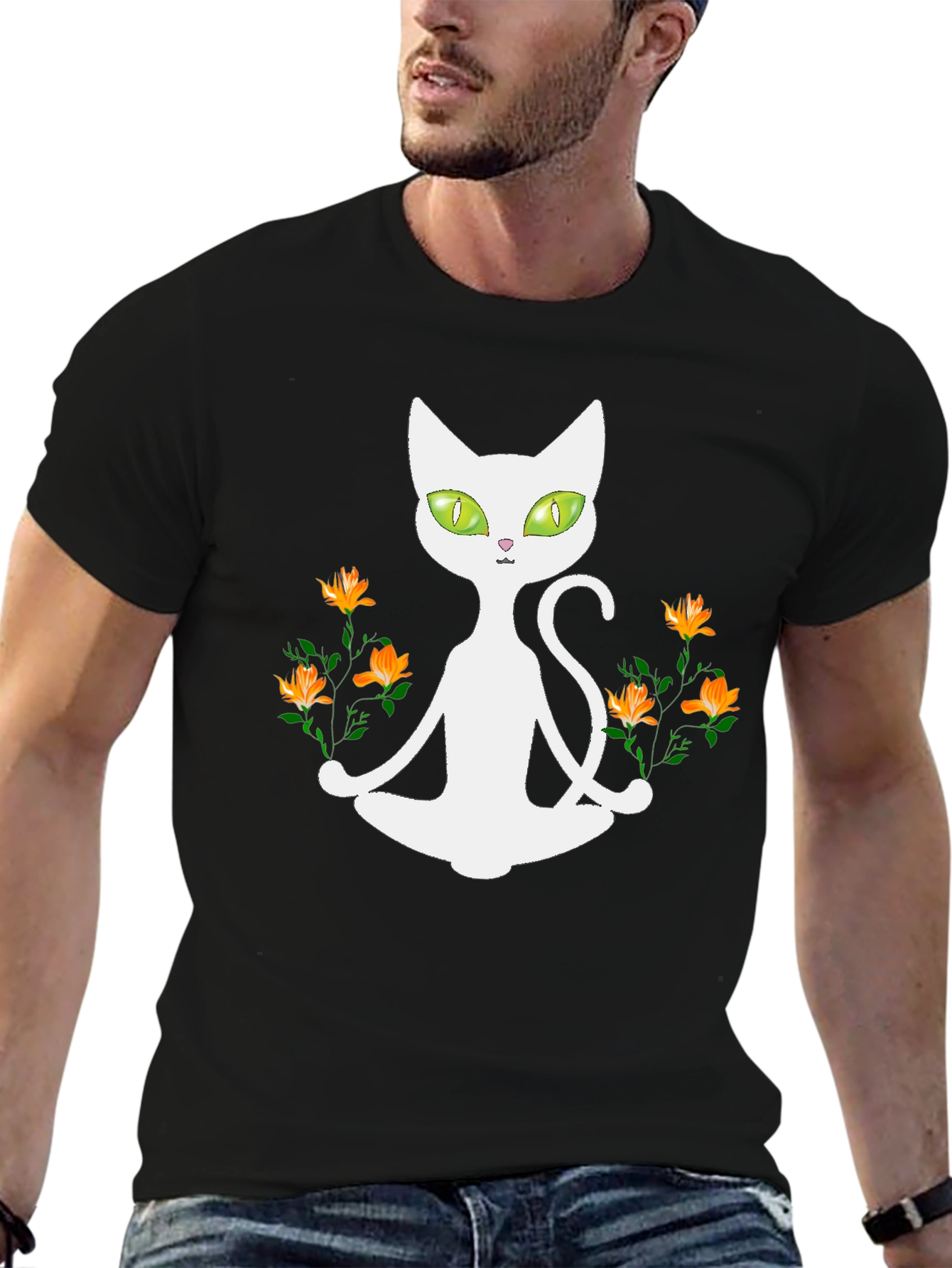 Yoga Cat T-Shirt - Meditating Feline with Flowers