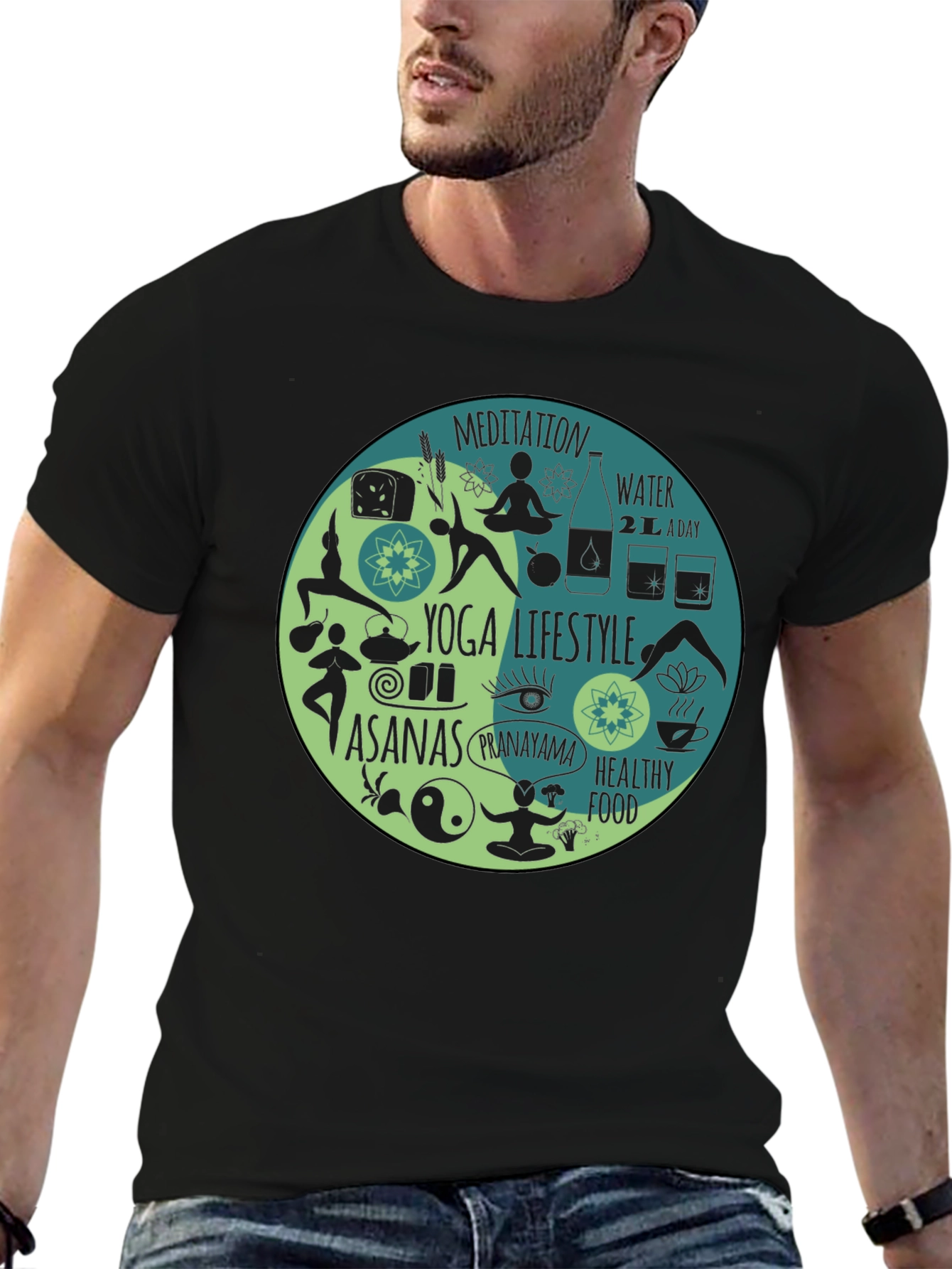 Yoga Lifestyle T-Shirt - Meditation Asanas Healthy Food