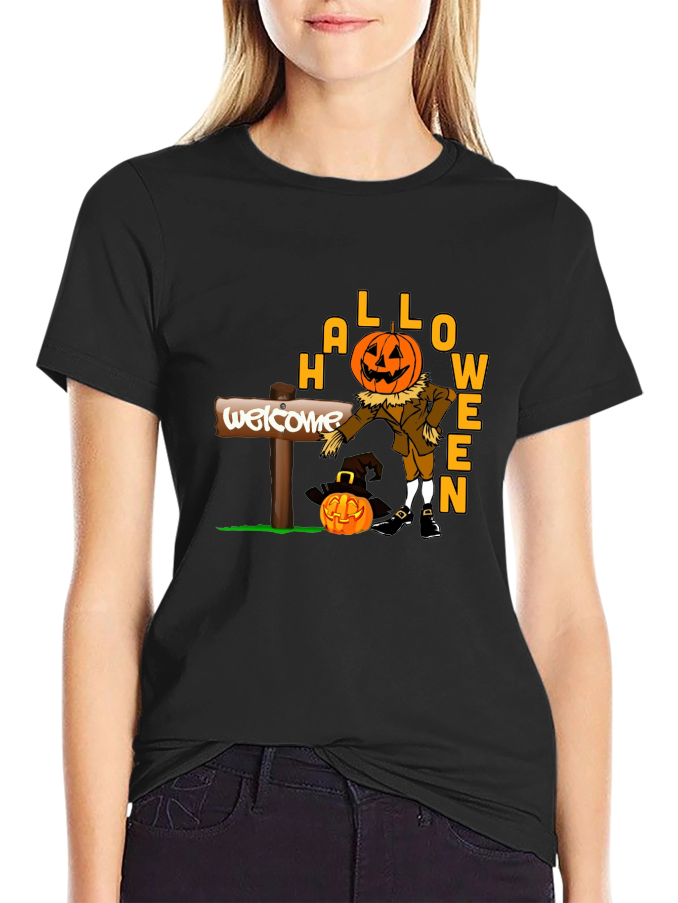 Halloween Pumpkin Scarecrow Black T-Shirt