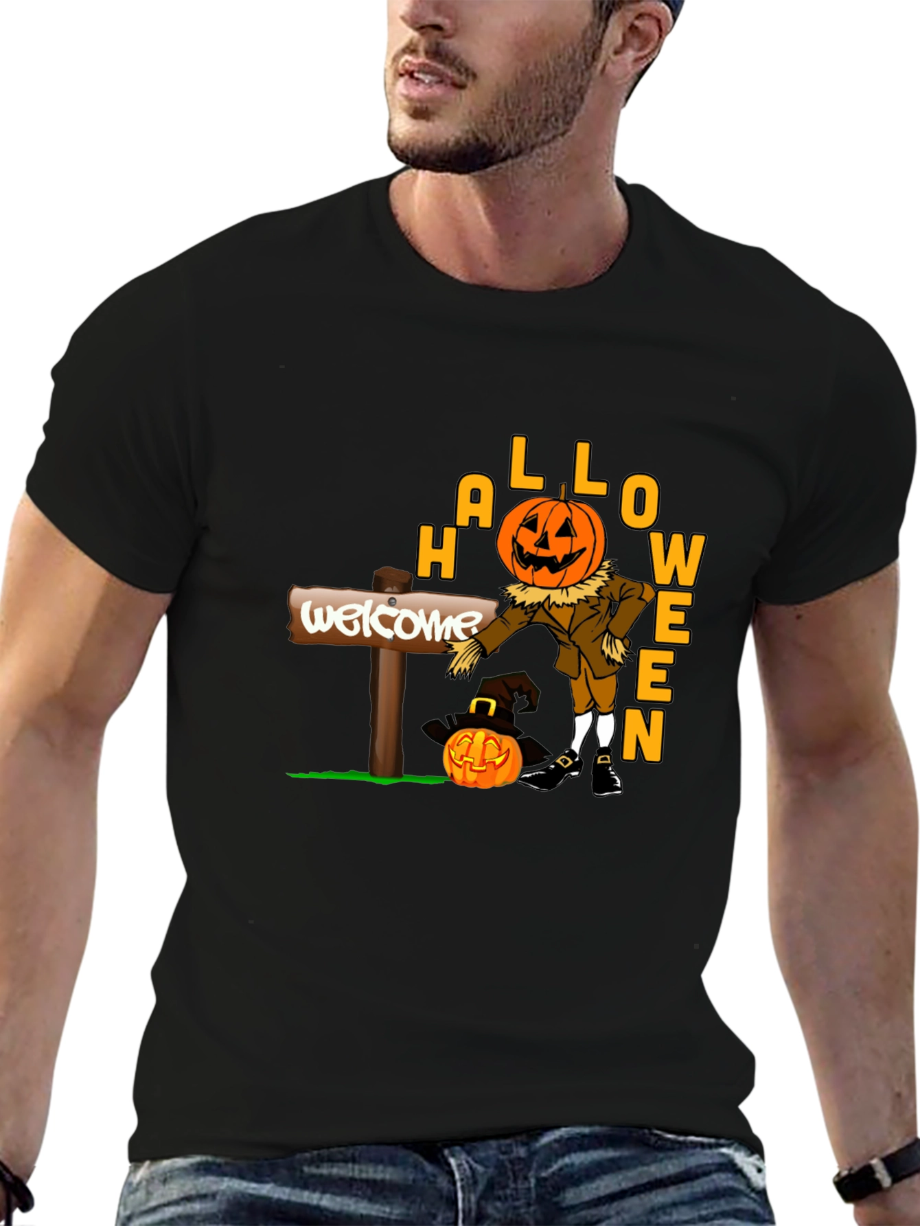 Halloween Pumpkin Scarecrow Black T-Shirt