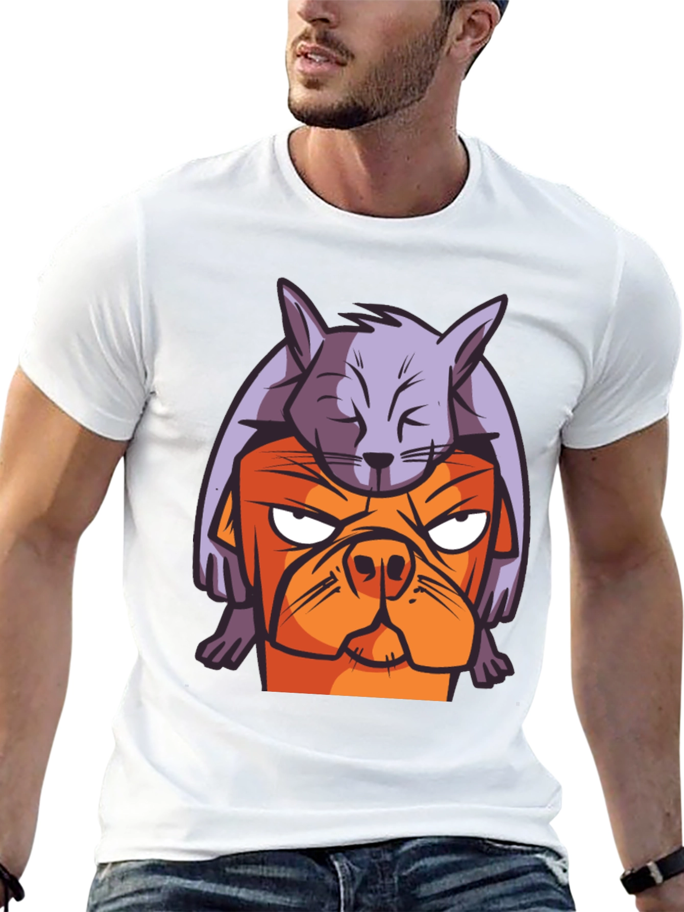 Dog & Cat Cartoon Graphic Black T-Shirt