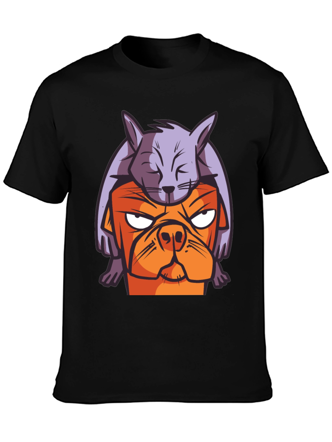 Dog & Cat Cartoon Graphic Black T-Shirt
