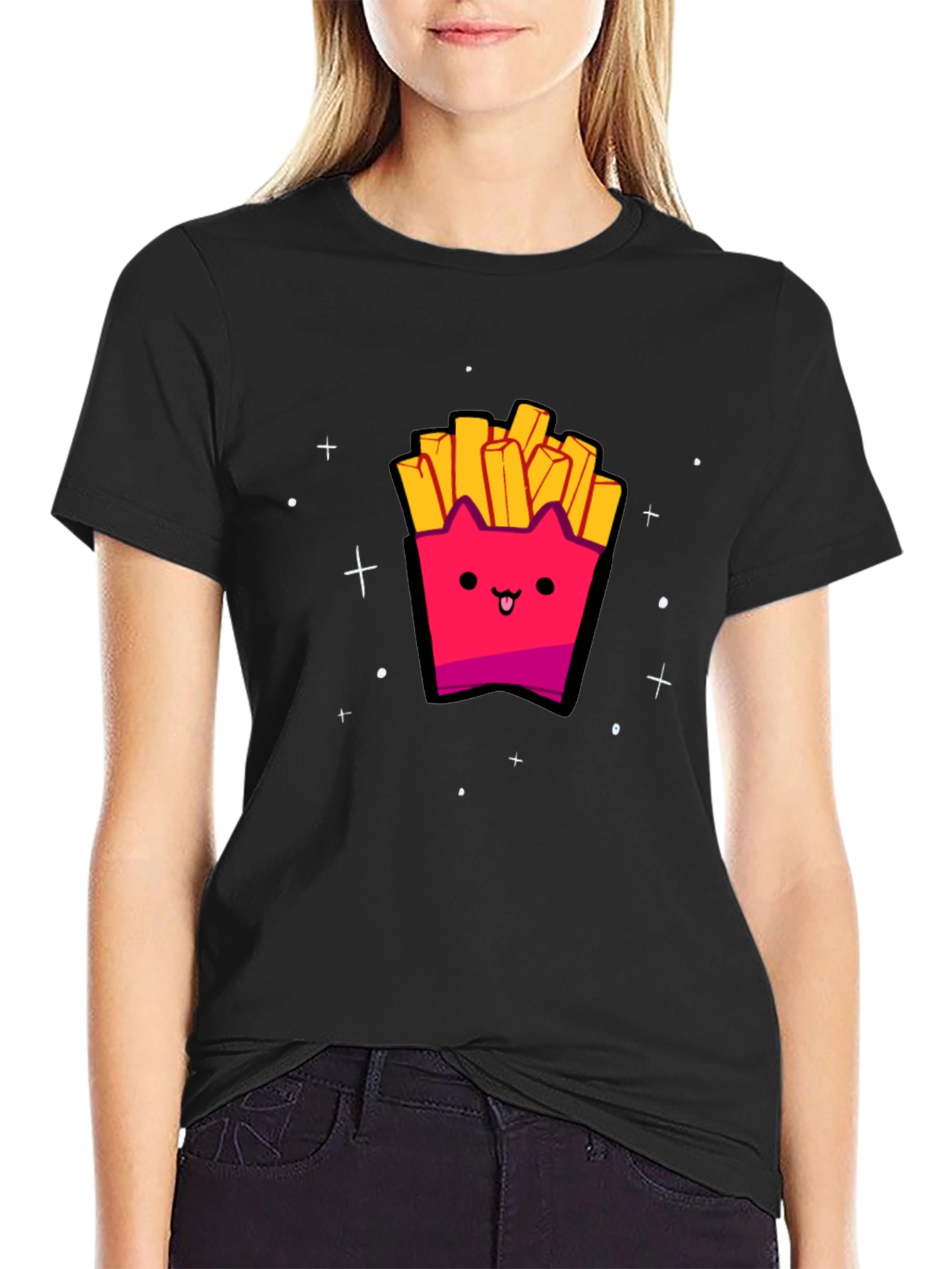 Cute Kawaii Fries Graphic Black T-Shirt