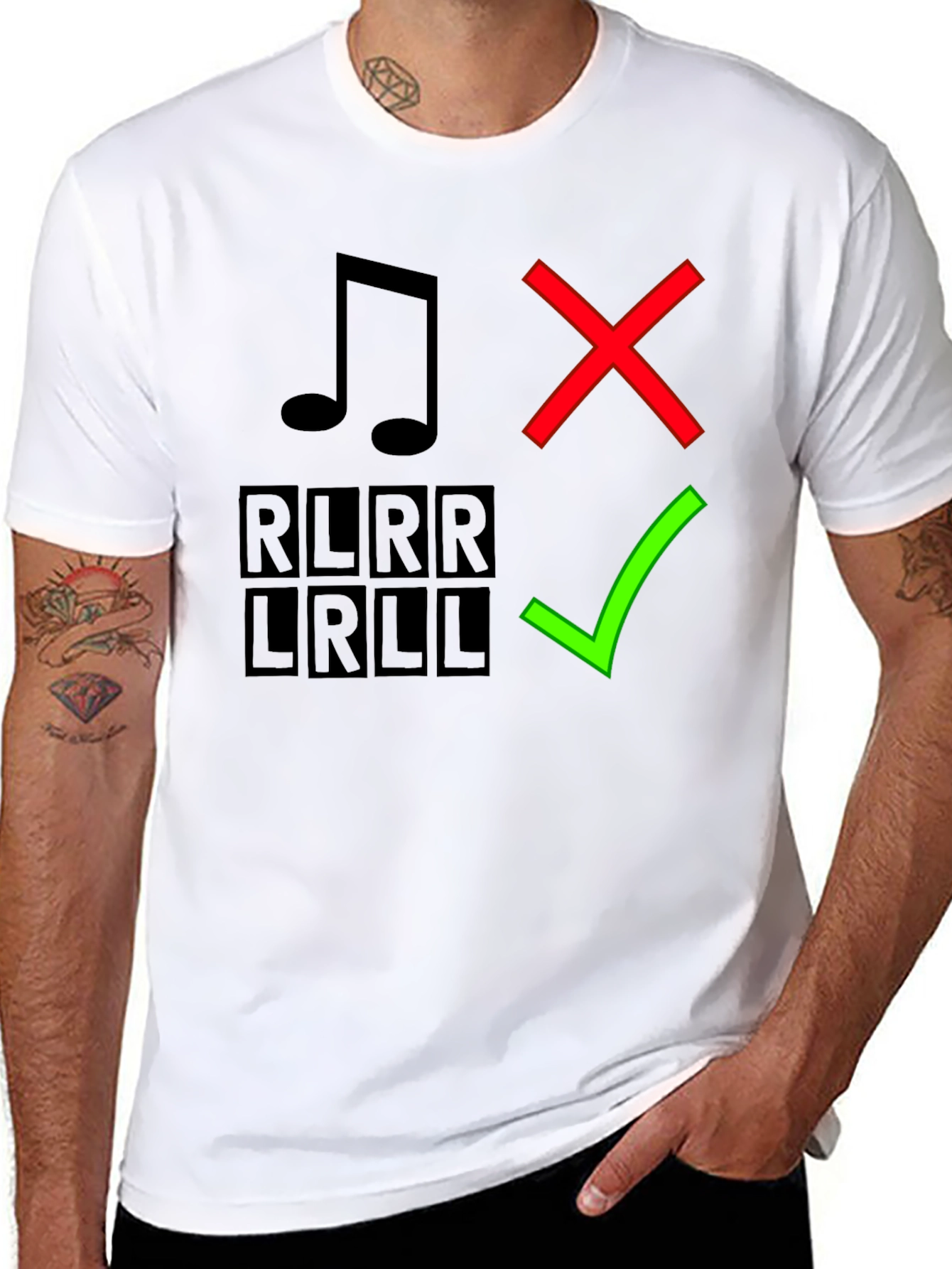 Drumming Humor T-Shirt: Right vs. Wrong RLRR LRLL