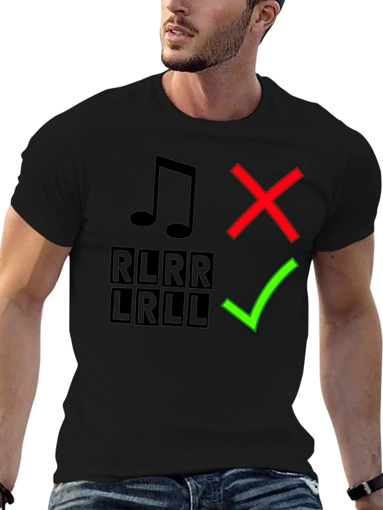 Drumming Humor T-Shirt: Right vs. Wrong RLRR LRLL