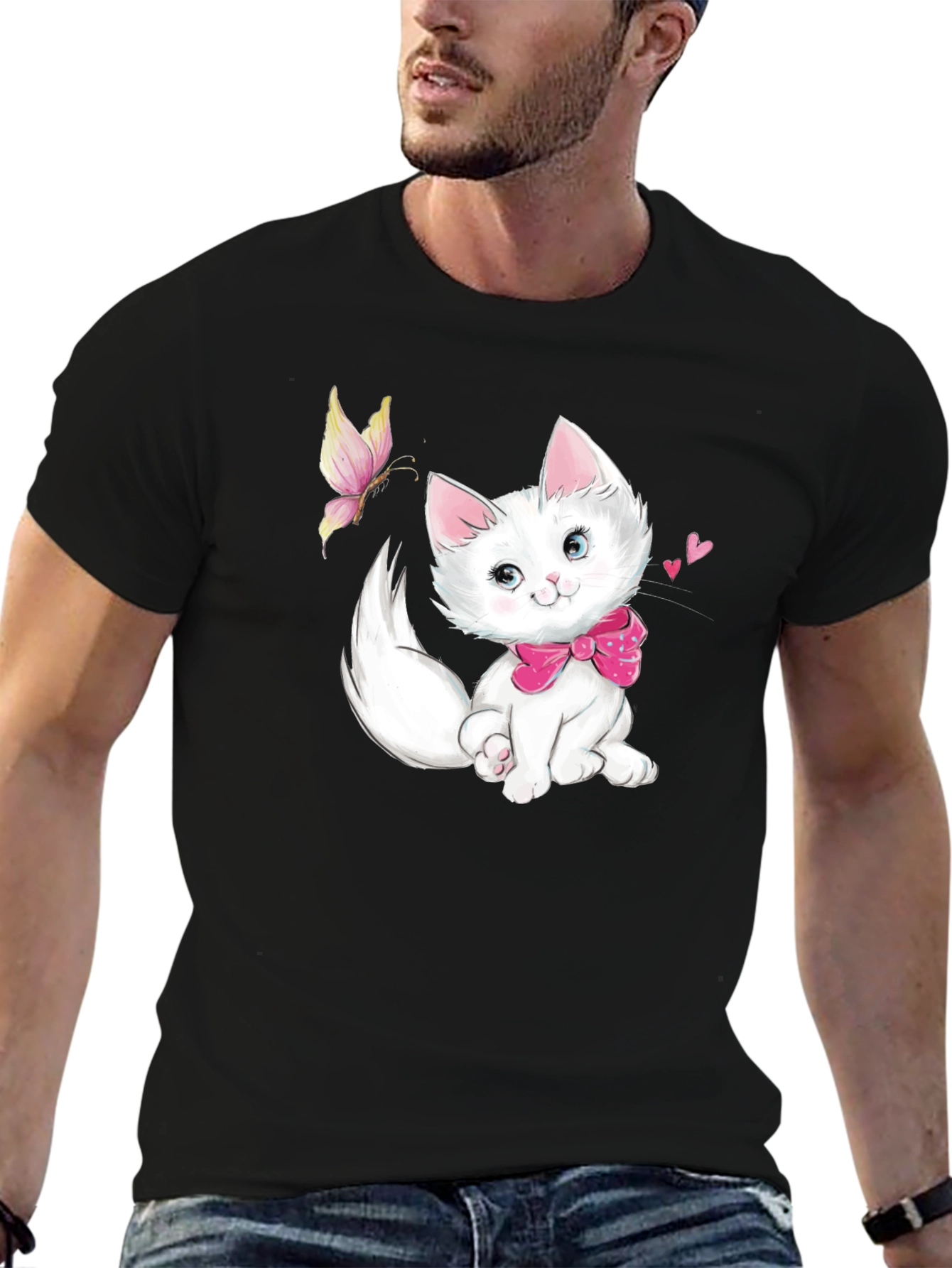 Cute Kitten & Butterfly Black T-Shirt