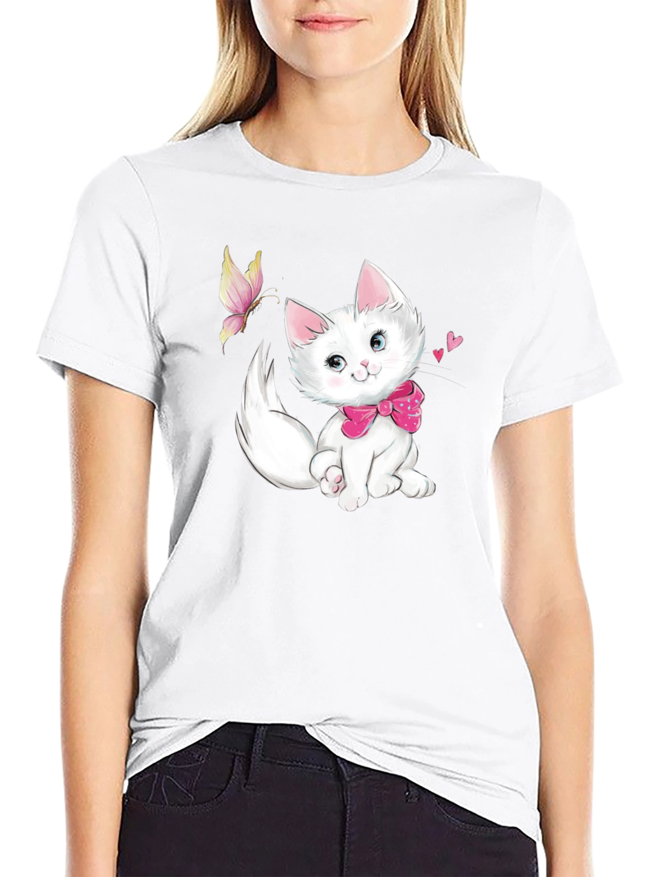 Cute Kitten & Butterfly Black T-Shirt