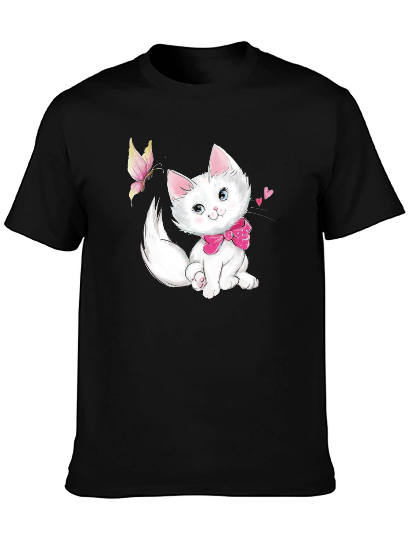 Cute Kitten & Butterfly Black T-Shirt