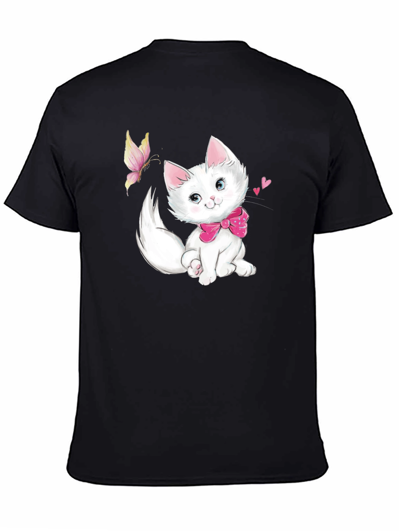 Cute Kitten & Butterfly Black T-Shirt