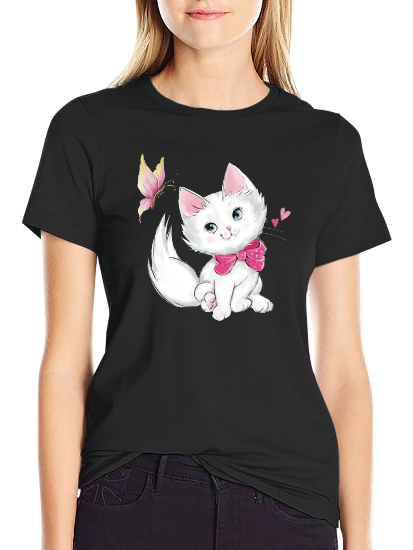 Cute Kitten & Butterfly Black T-Shirt