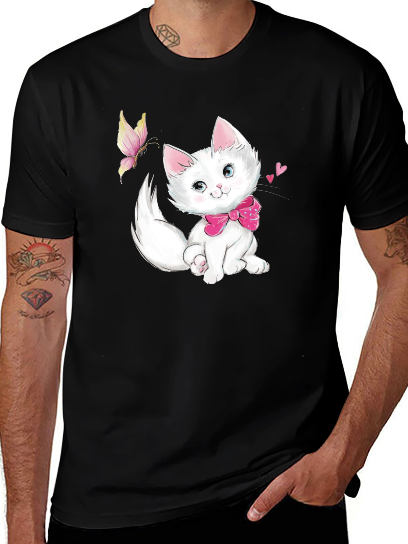 Cute Kitten & Butterfly Black T-Shirt
